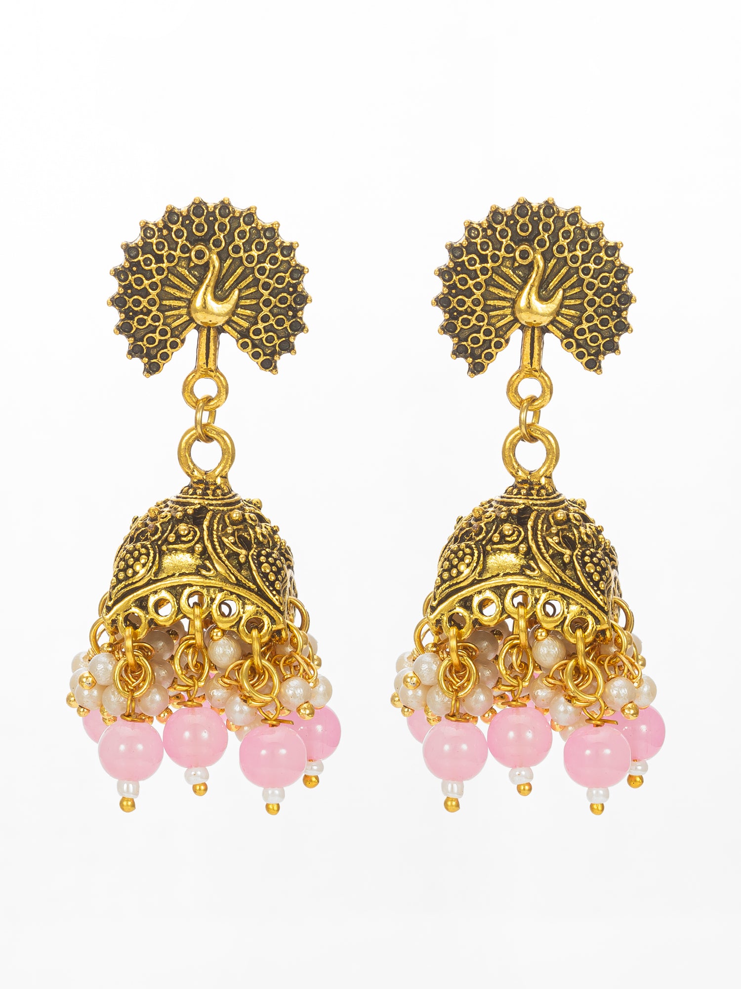 Peacock Motif Pink Beaded Gold Plated Jhumka Earrings | Aadita Jewelry