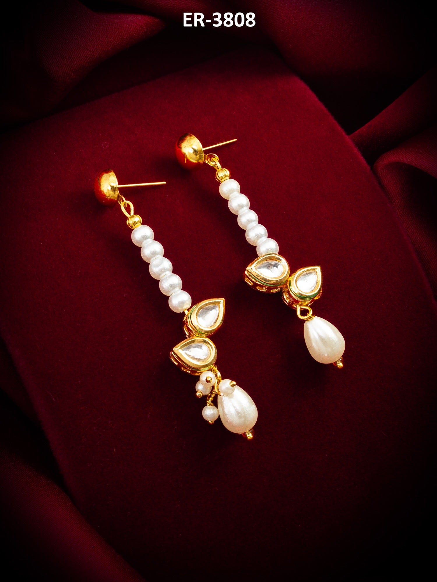 Gold Plated Kundan and Pearl Beaded Drop Earrings – View 5 | Aadita Jewelry