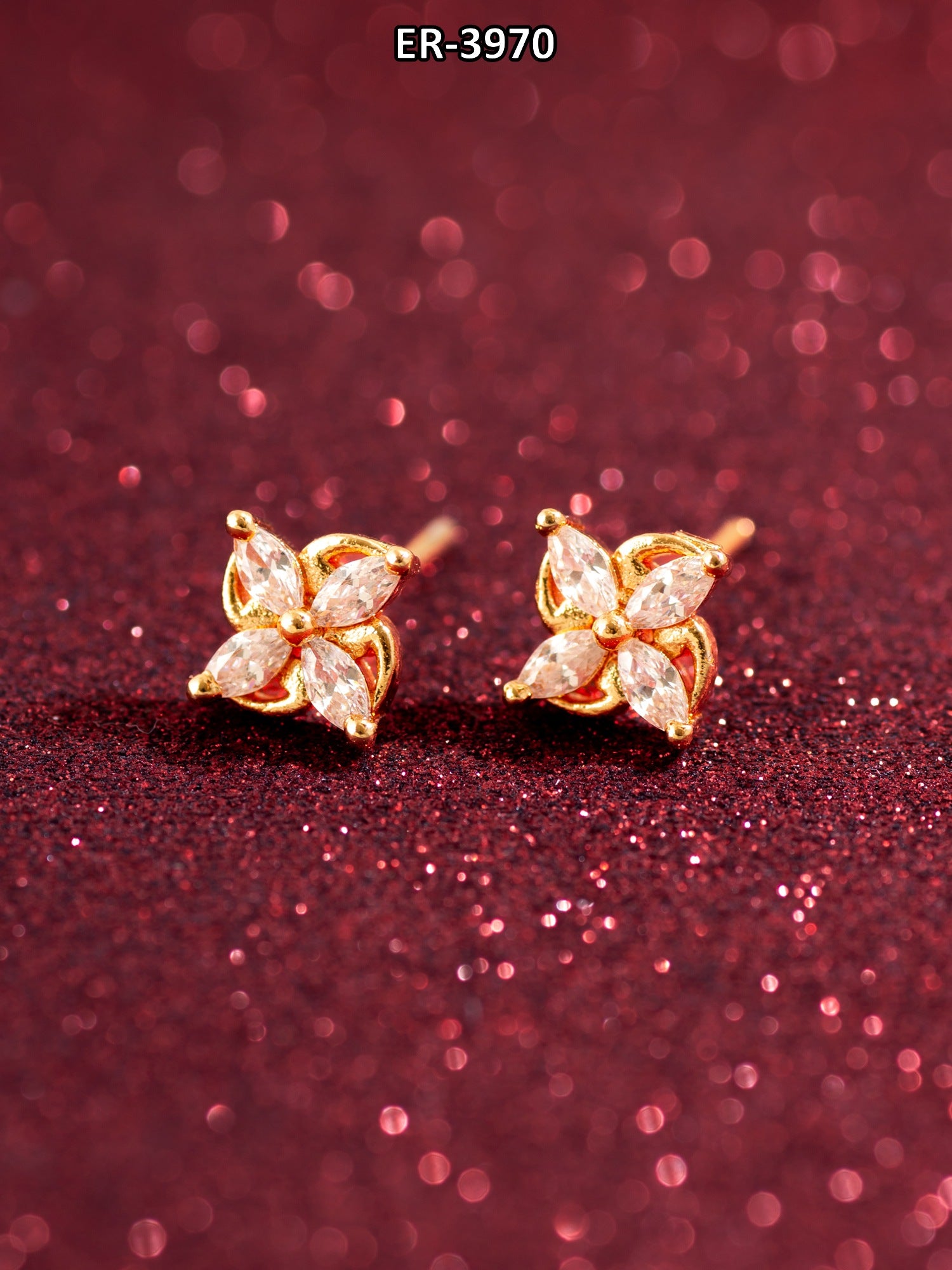 Floral American Diamond Gold Stud Earrings – View 5 | Aadita Jewelry