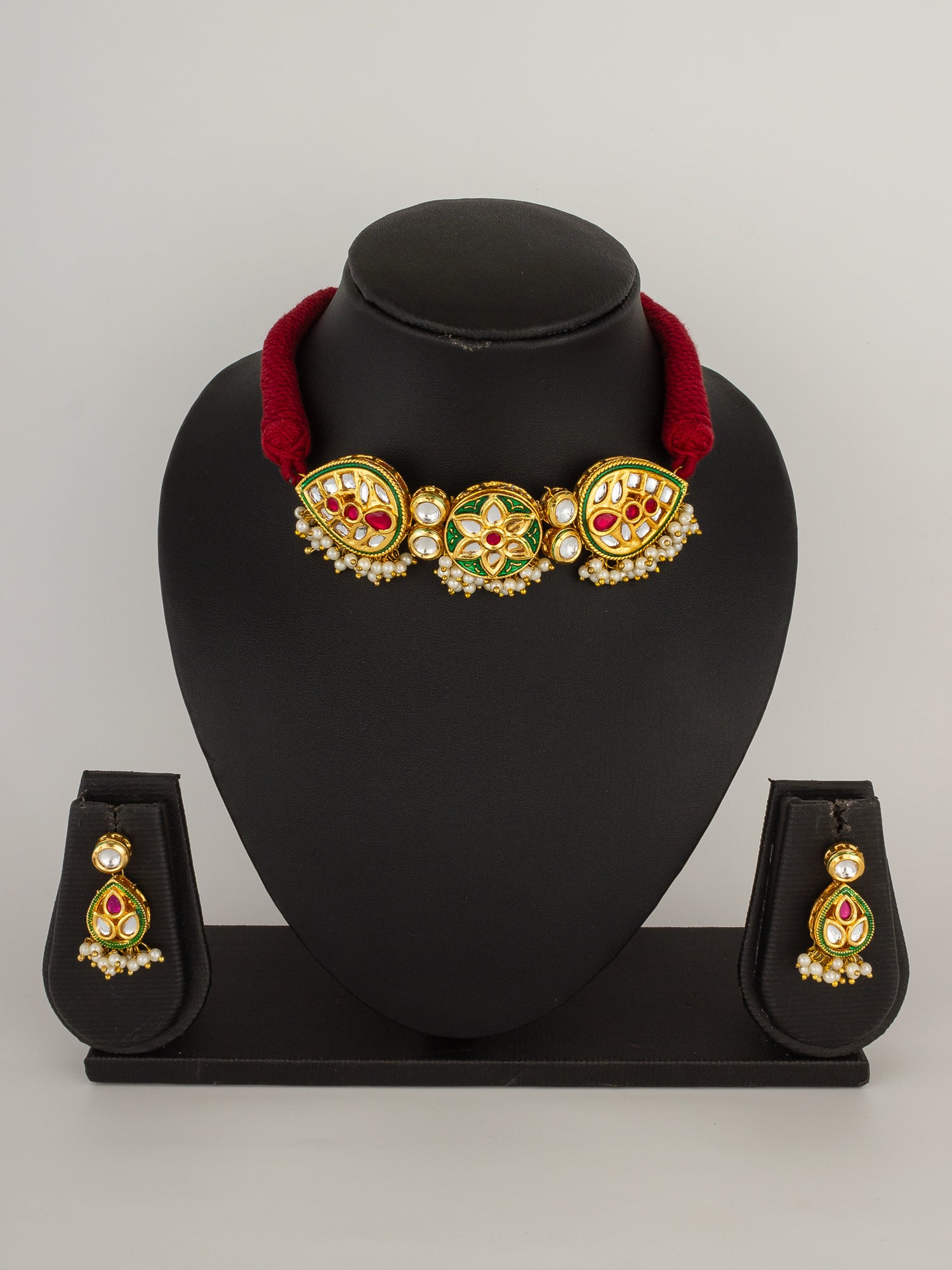 Meenakari Kundan Choker Necklace Set with Pearl Drops – View 4 | Aadita Jewelry