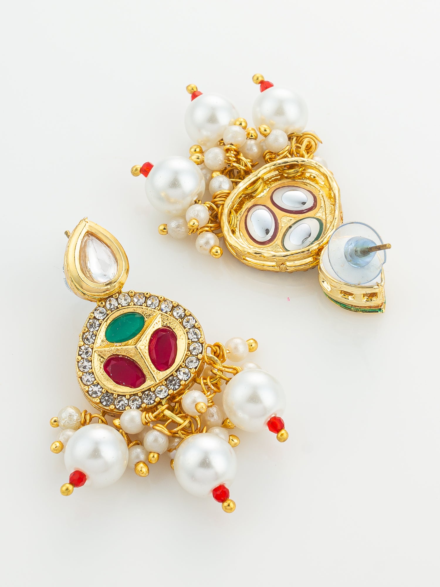 Gold Plated Red and Green Kundan Pearl Choker Set – View 3 | Aadita Jewelry