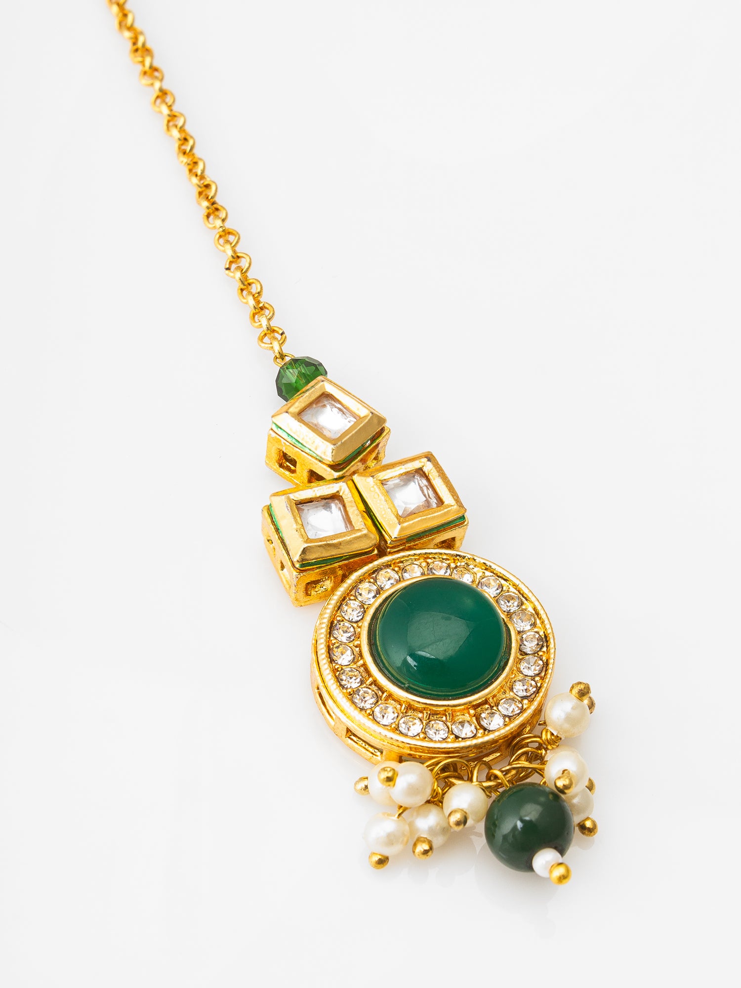 Classic Kundan Green Stone Maang Tikka with Pearl Drops – View 2 | Aadita Jewelry
