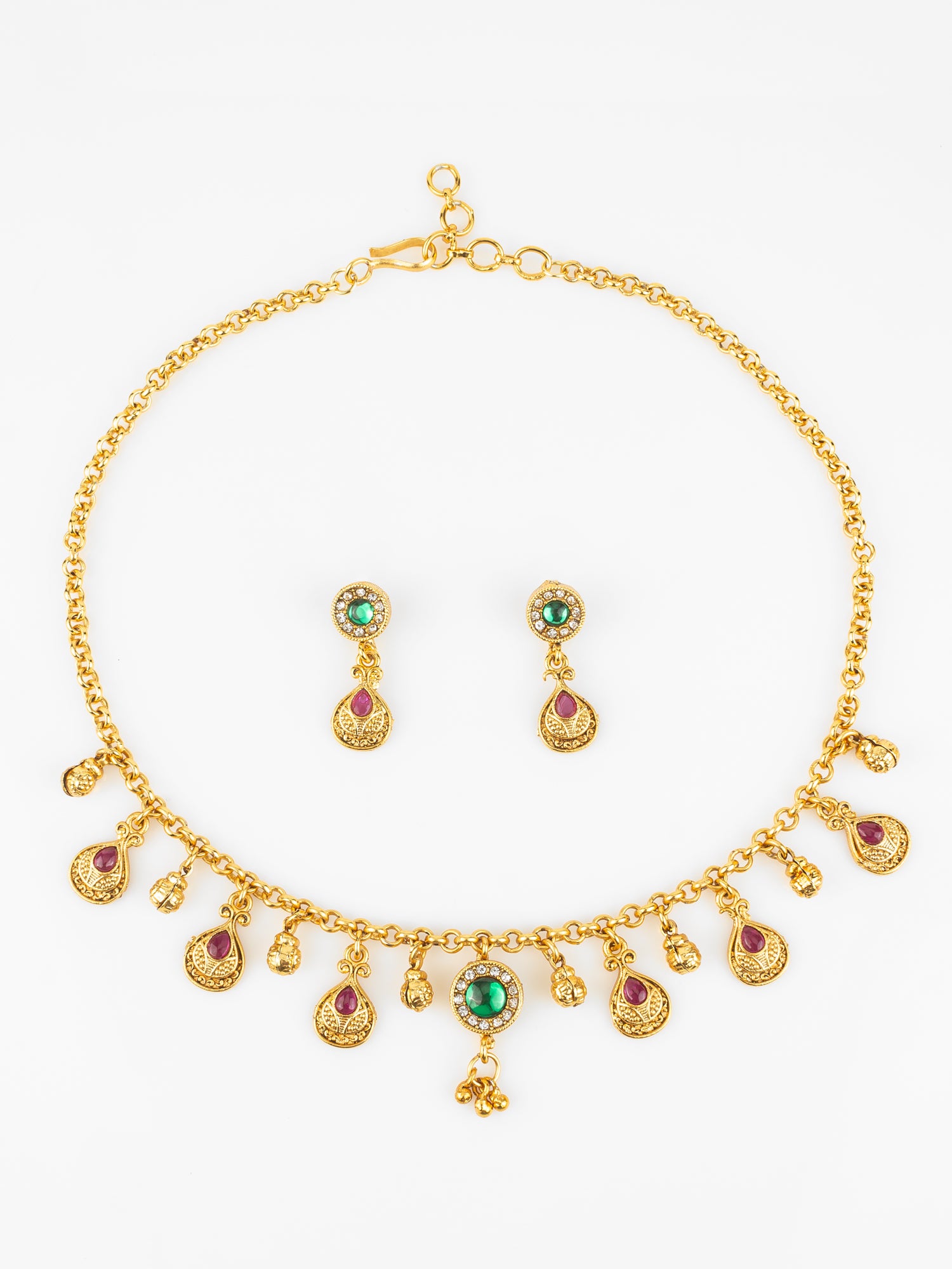 Gold-Plated Traditional Necklace Set for Women | Pink Teardrop & Green Stone Pendant | Bridal & Ethnic Festival Jewellery | Aadita Jewelry