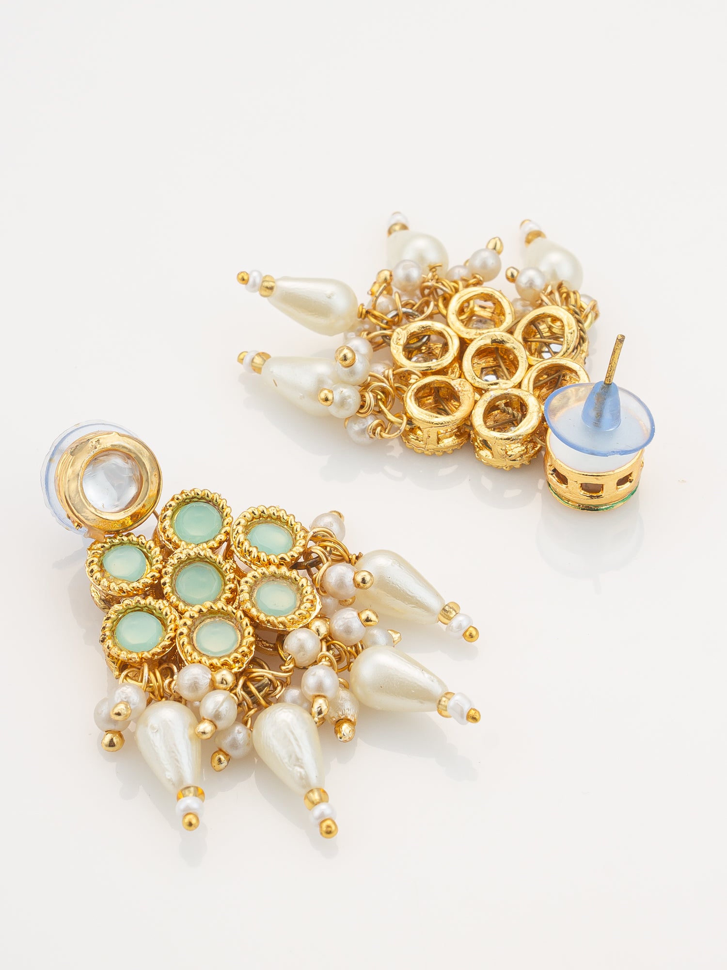 Mint Green & White Kundan Beaded Gold Plated Necklace Set With Earrings – View 3 | Aadita Jewelry