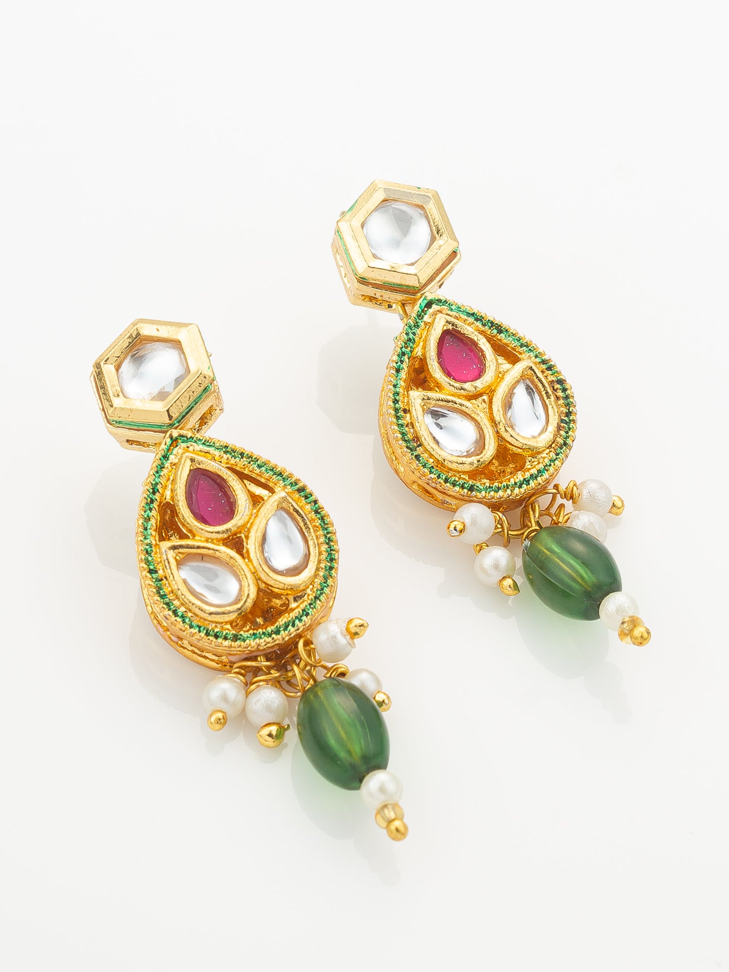 Aadita Green Meenakari Long Necklace Set with Oval Pendant and Teardrop Earrings – View 2 | Aadita Jewelry