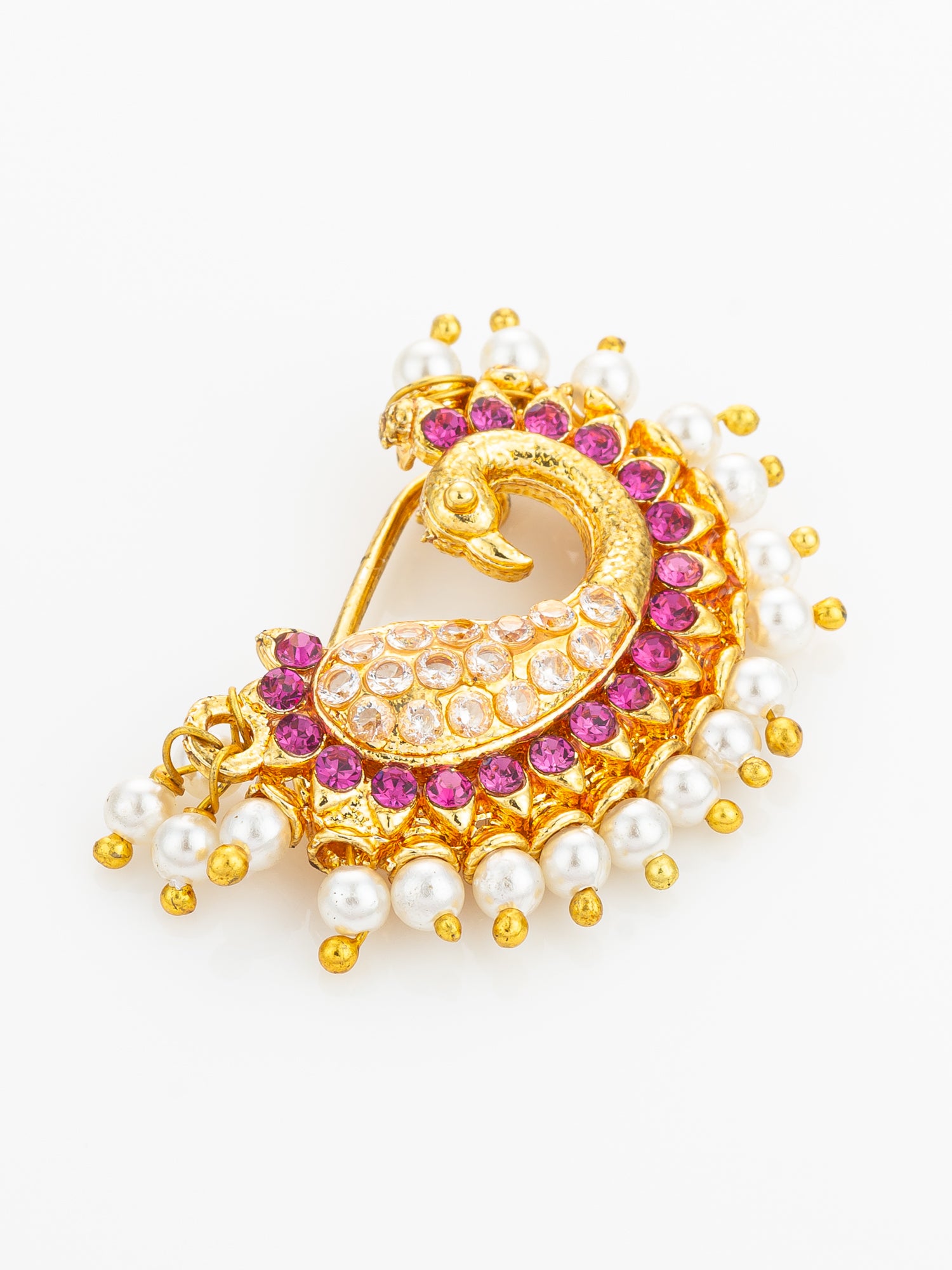 Traditional Pearl & Pink Stone Nath – View 2 | Aadita Jewelry