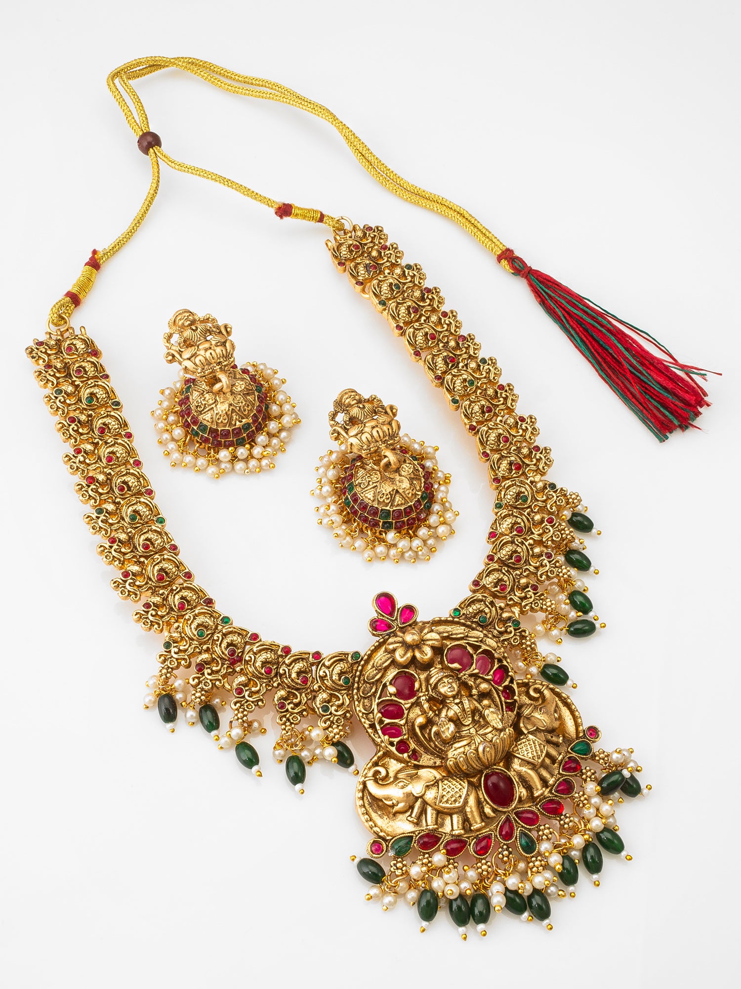 Long Temple Necklace Set with Ganesha Jhumka Earrings, Stones and Emerald Bead Drops | Aadita Jewelry