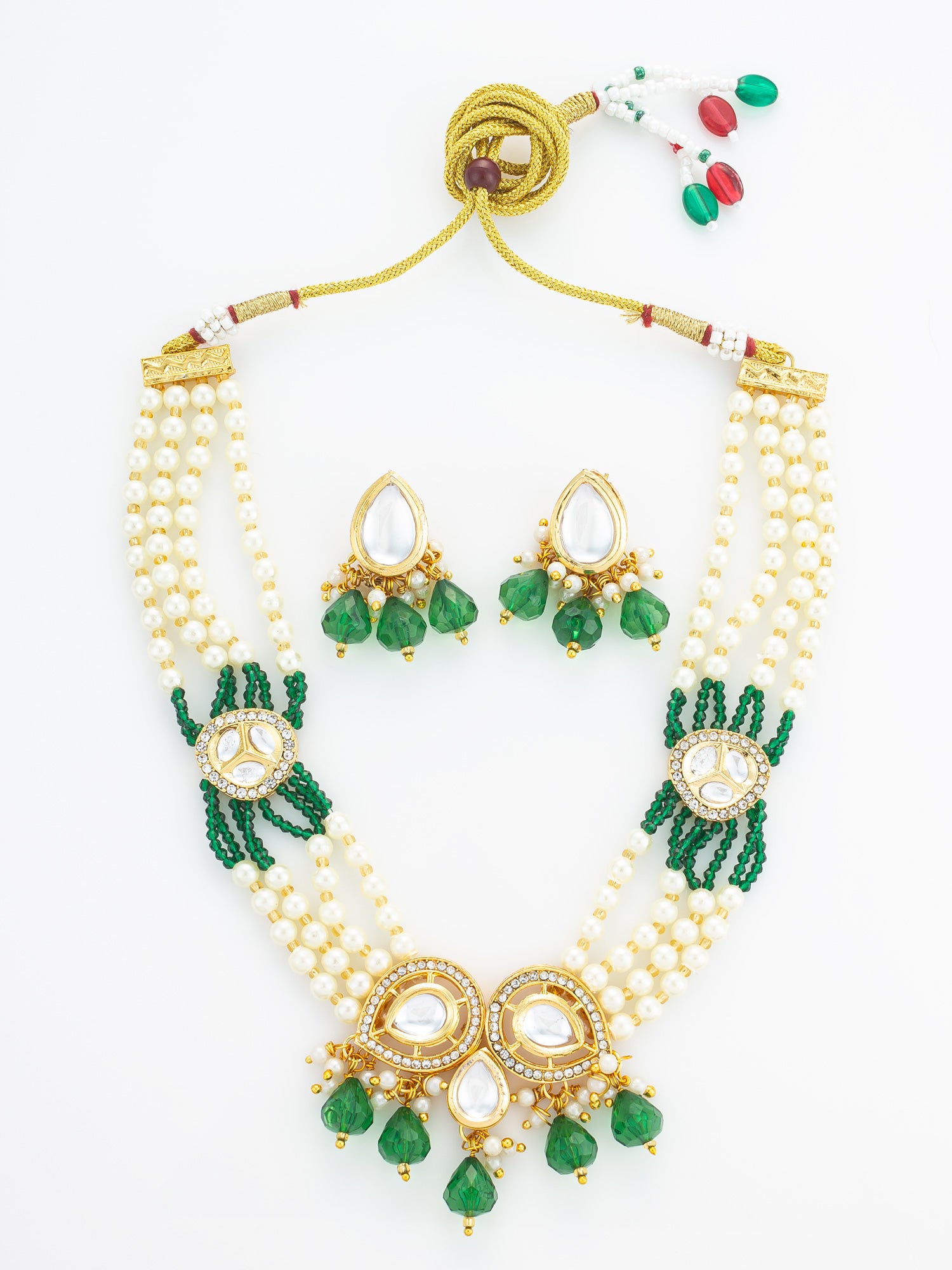 Gold Plated Green Kundan & Pearl Layered Necklace Set | Aadita Jewelry
