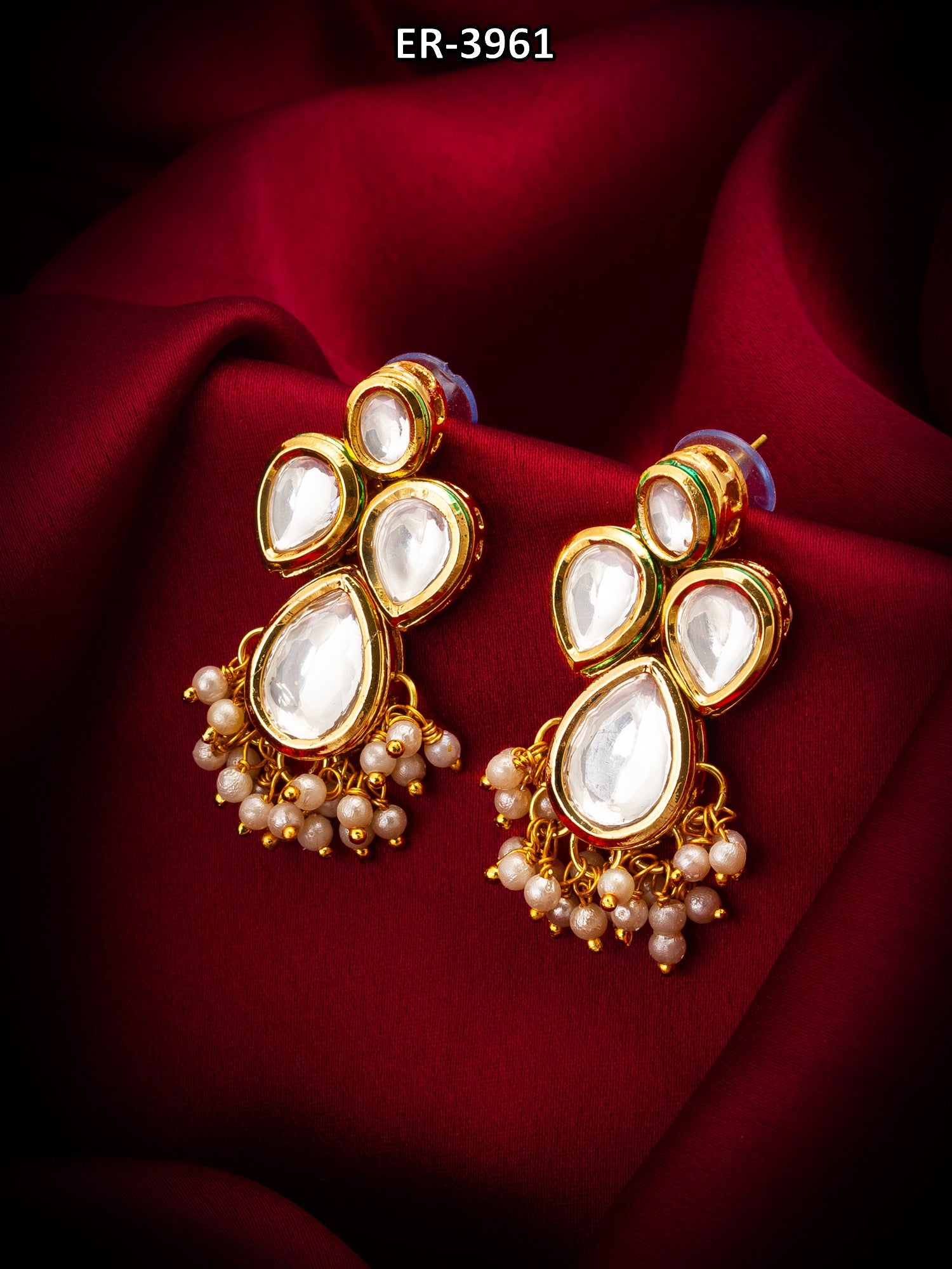 Gold-Plated Kundan Earrings with Pearl Cluster Drops – View 5 | Aadita Jewelry
