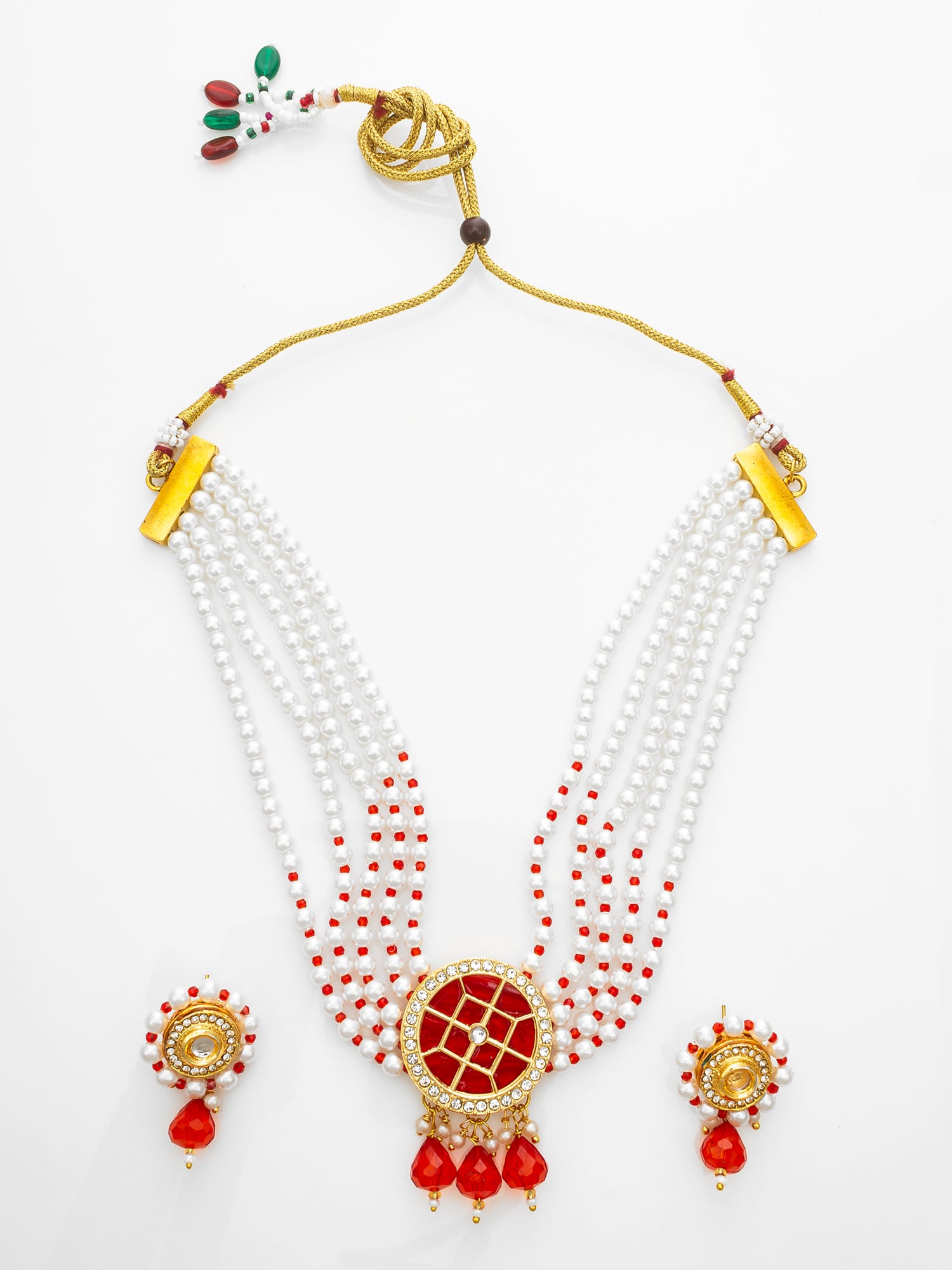Red Beaded Kundan Choker Necklace Set with Earrings – View 2 | Aadita Jewelry