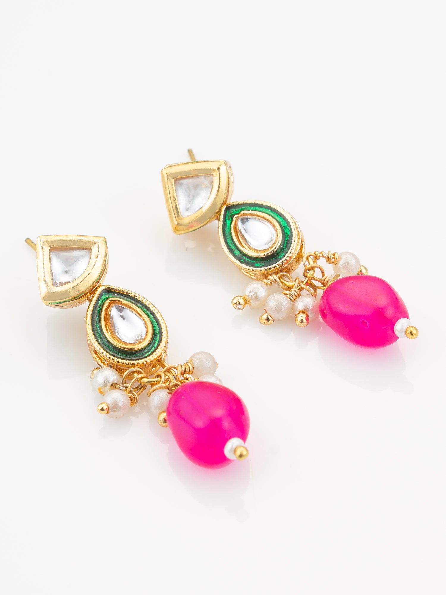 Green Beaded Multi-Strand Kundan Necklace Set with Pink Drops and Meenakari Pendant – View 2 | Aadita Jewelry