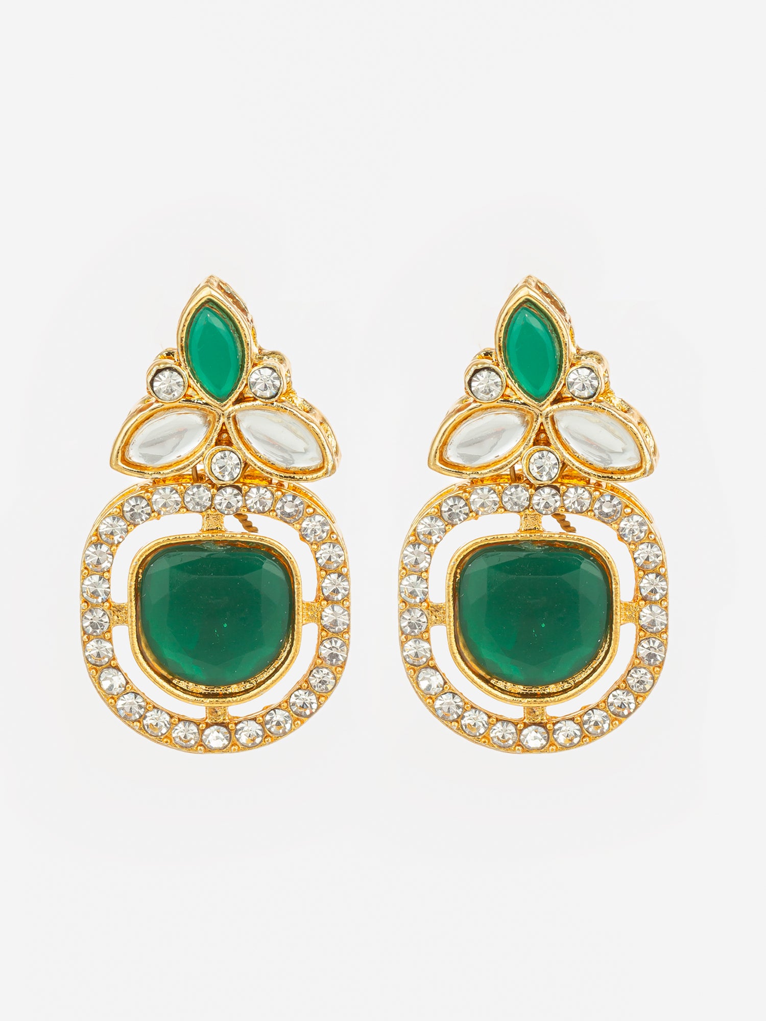 Gold Plated Green Stone and AD Studded Traditional Drop Earrings | Aadita Jewelry