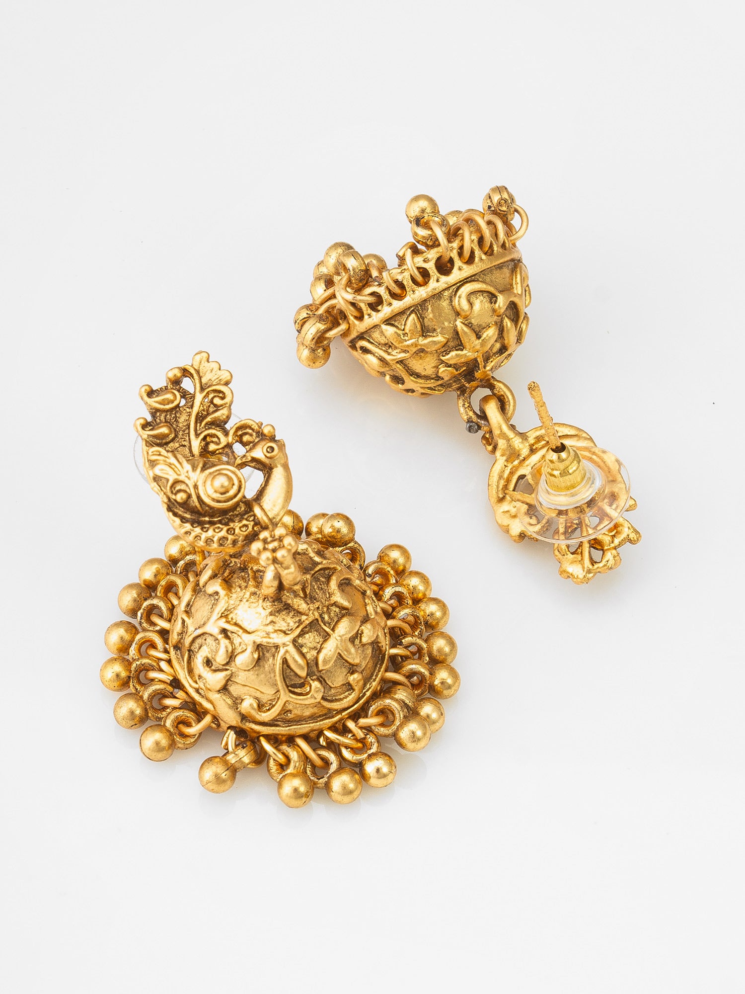 Antique Gold Temple Necklace Set with Multicolour Stones and Gold Bead Drops – View 3 | Aadita Jewelry