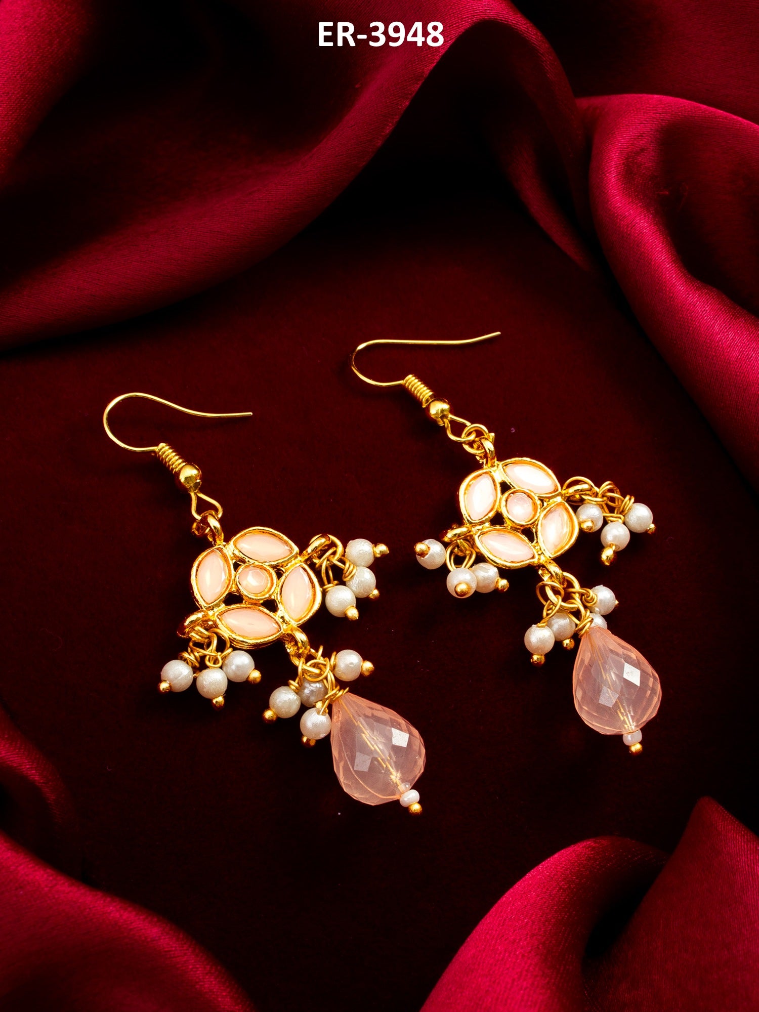 Gold-Toned Peach Floral Earrings with Pearl Drops and Crystal Dangle – View 5 | Aadita Jewelry