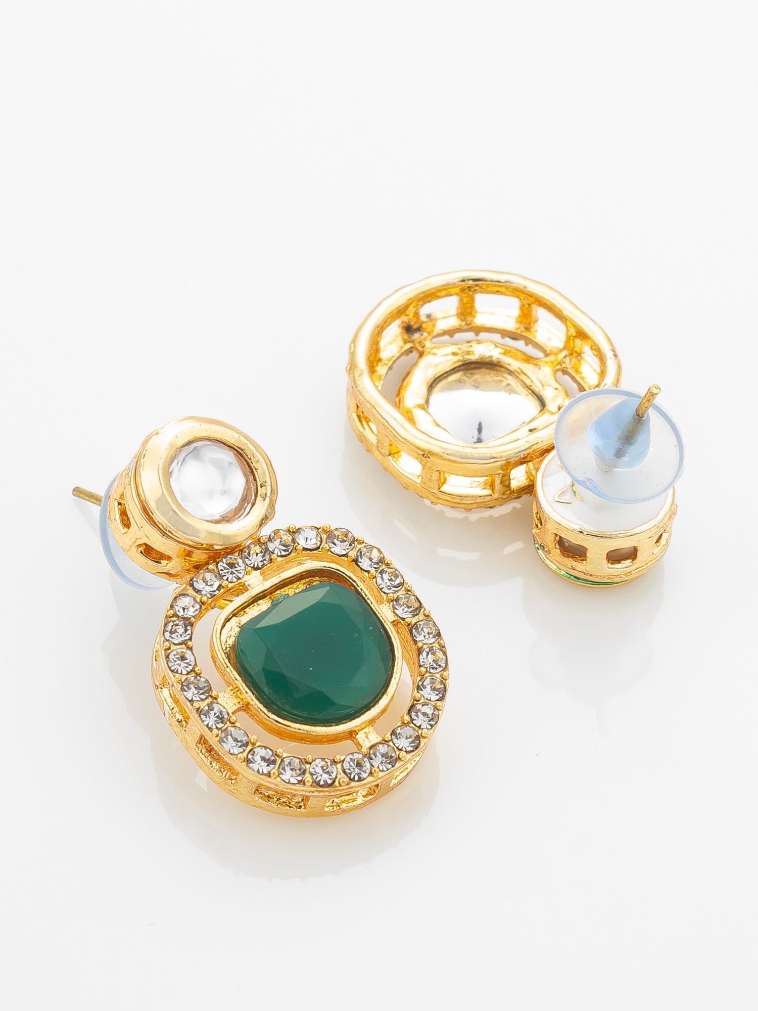 Aadita Gold-Plated Kundan Necklace Set with Green Meenakari Pendant and Pearl Chain and Earrings – View 3 | Aadita Jewelry