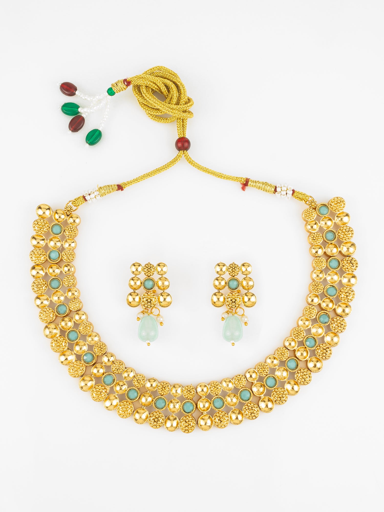Gold Plated Mint Green Beaded Statement Necklace Set for Women | Aadita Jewelry