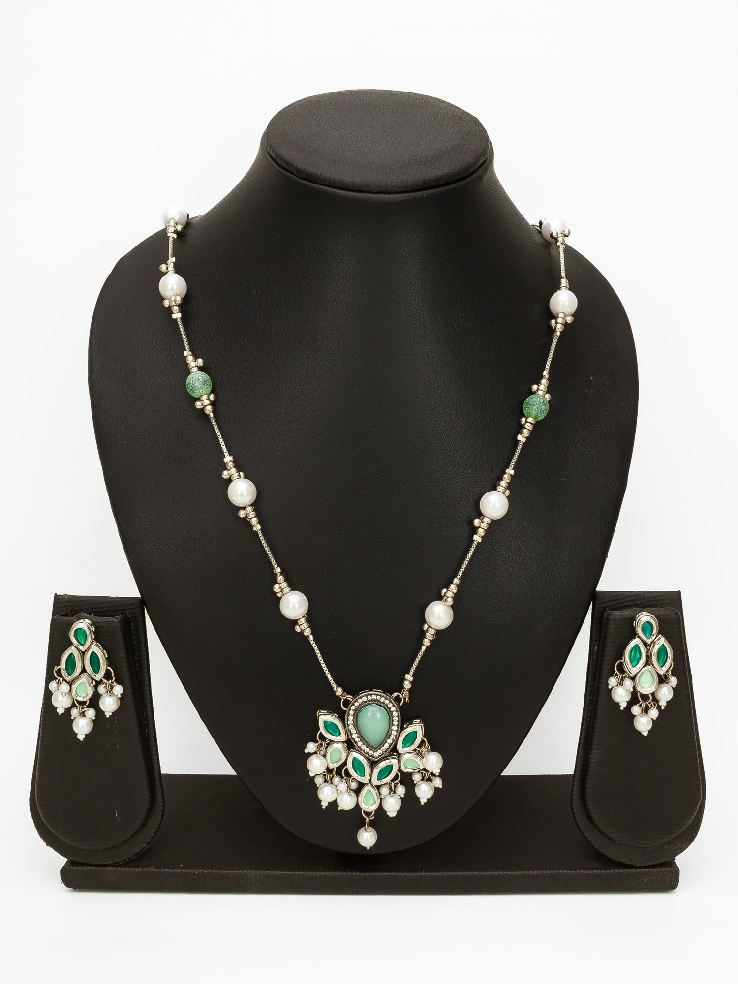 Silver Plated Green & White Beaded Kundan Pearl Necklace Set – View 4 | Aadita Jewelry