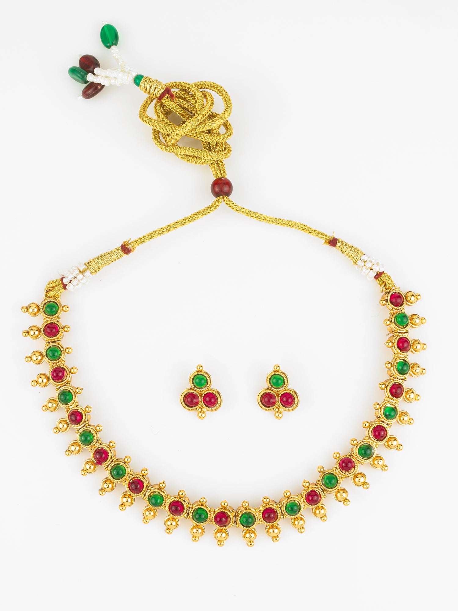 Gold Plated Green & Red Beaded Traditional Necklace Set for Women | Aadita Jewelry