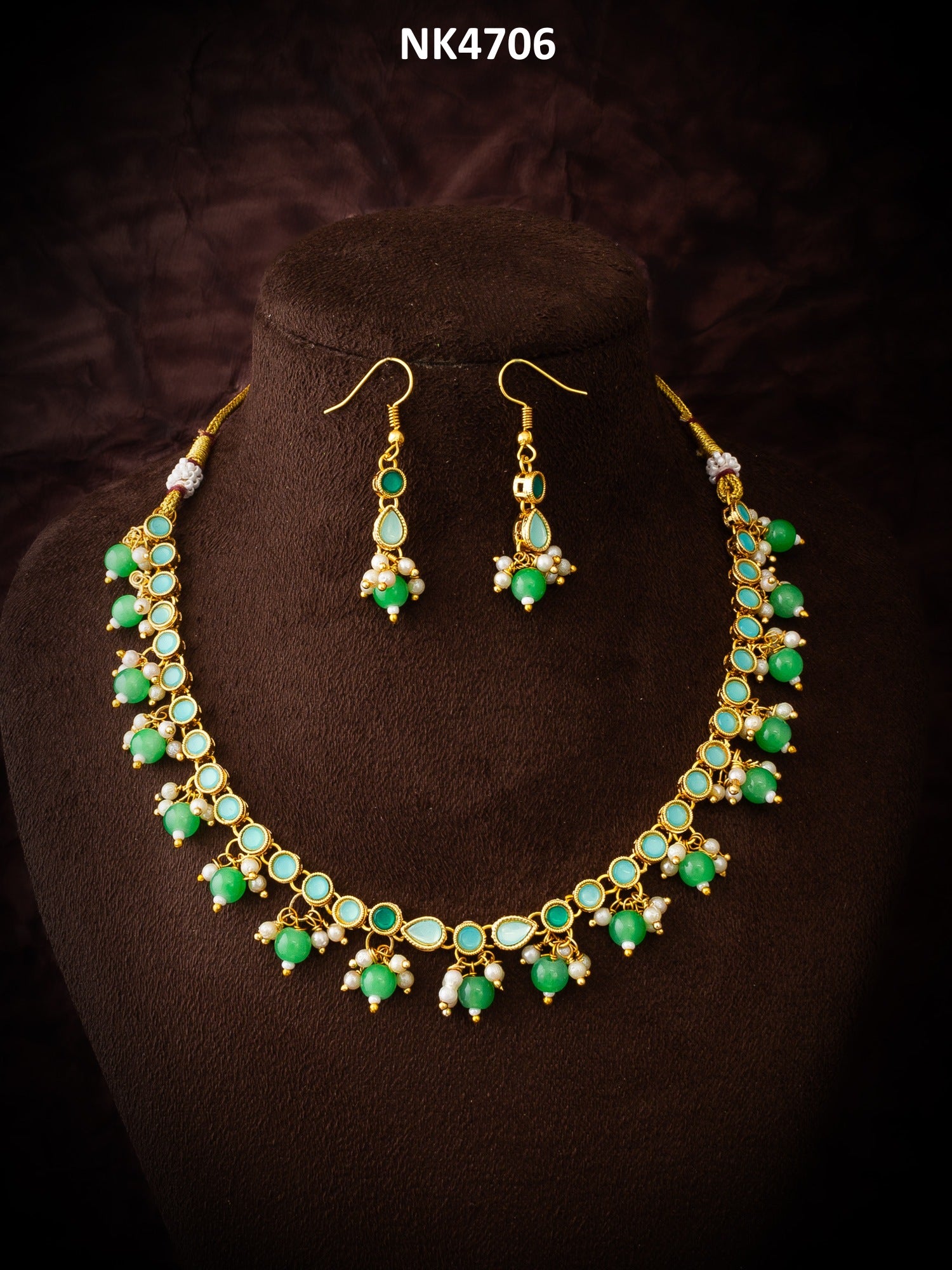 Green Beaded Kundan Necklace Set with Earrings for Women – View 5 | Aadita Jewelry