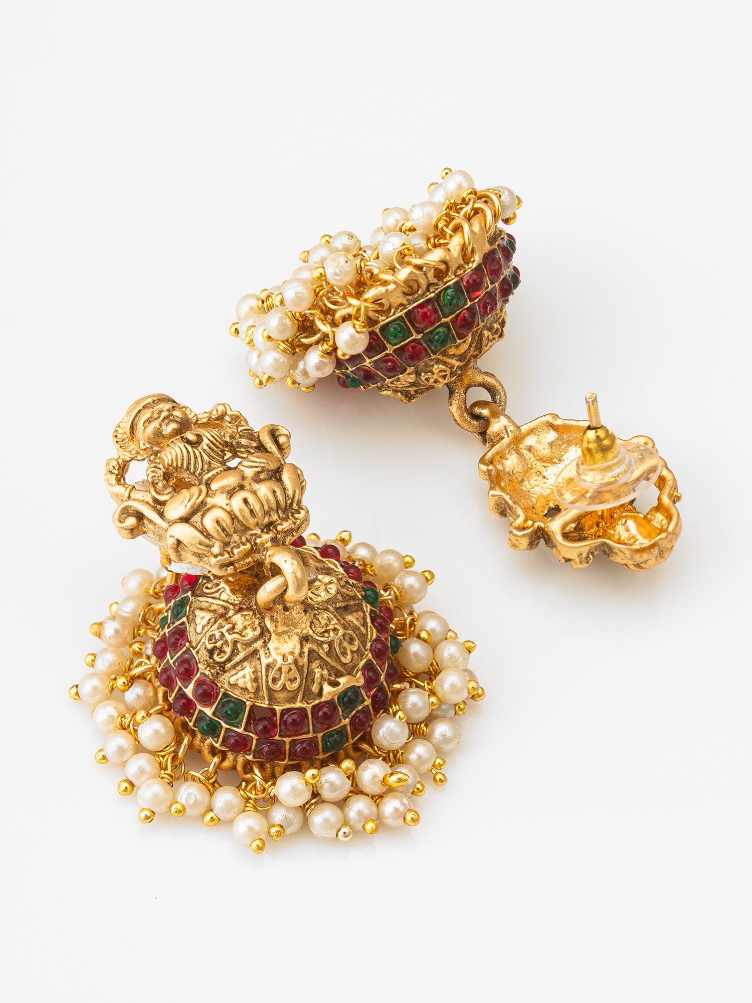 Long Temple Necklace Set with Ganesha Jhumka Earrings, Stones and Emerald Bead Drops – View 3 | Aadita Jewelry