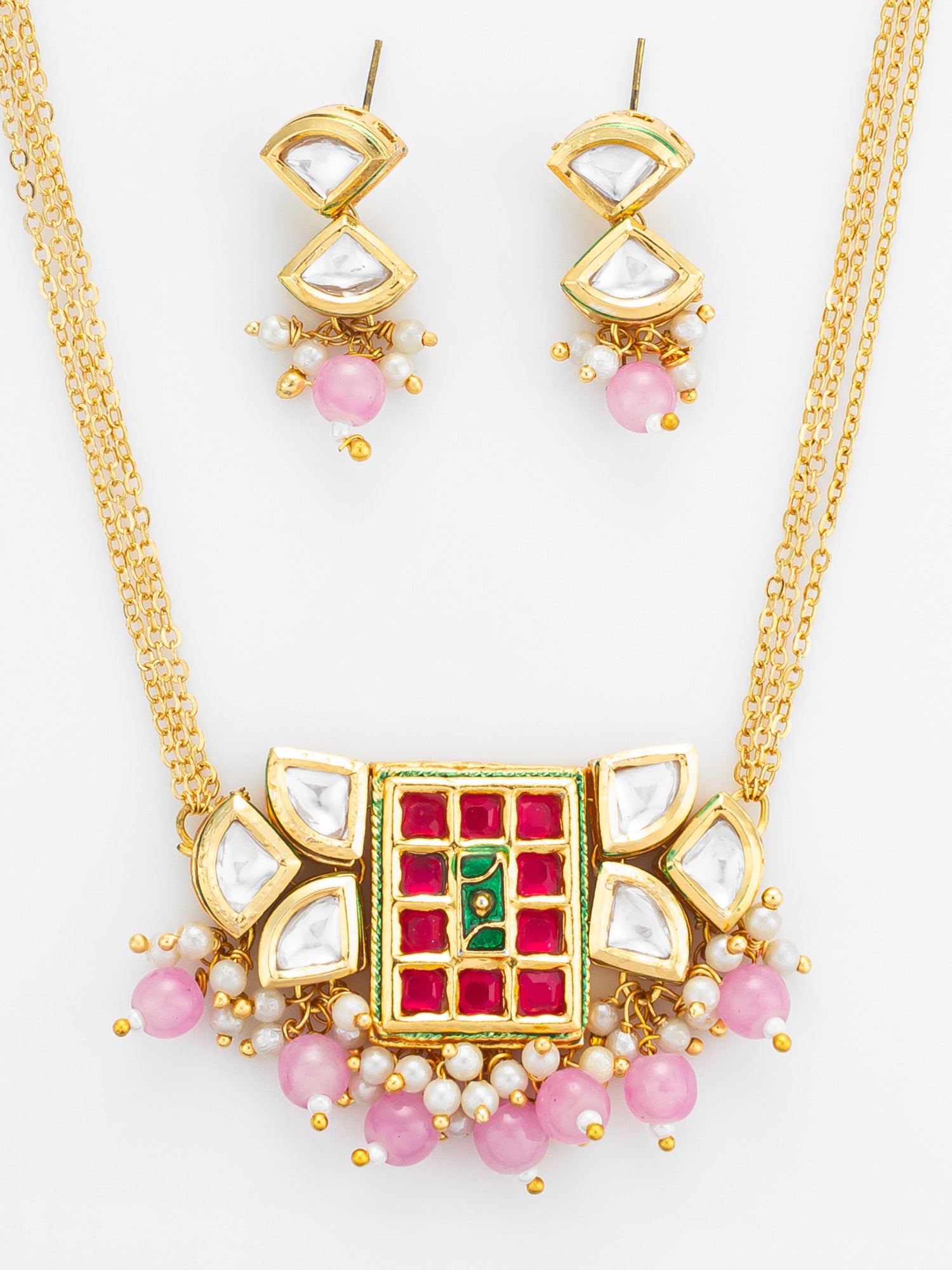 Geometric Pink and Green Stone Necklace Set – View 4 | Aadita Jewelry