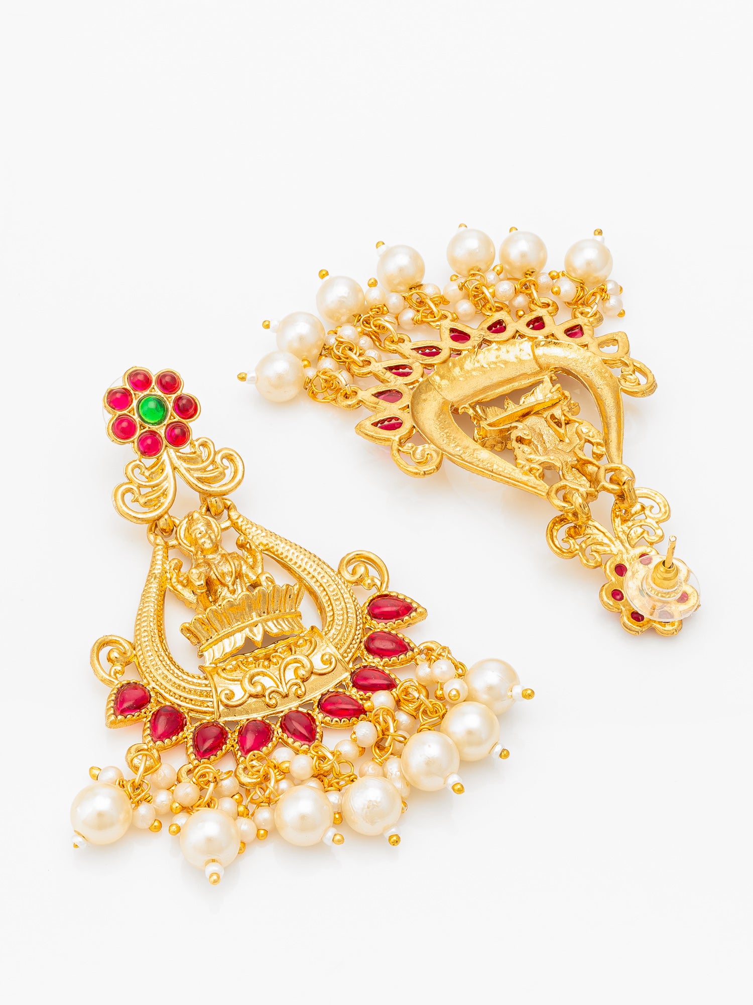 Aadita Temple Style Gold Plated Pink & Green Chandelier Jhumka Earrings – View 3 | Aadita Jewelry