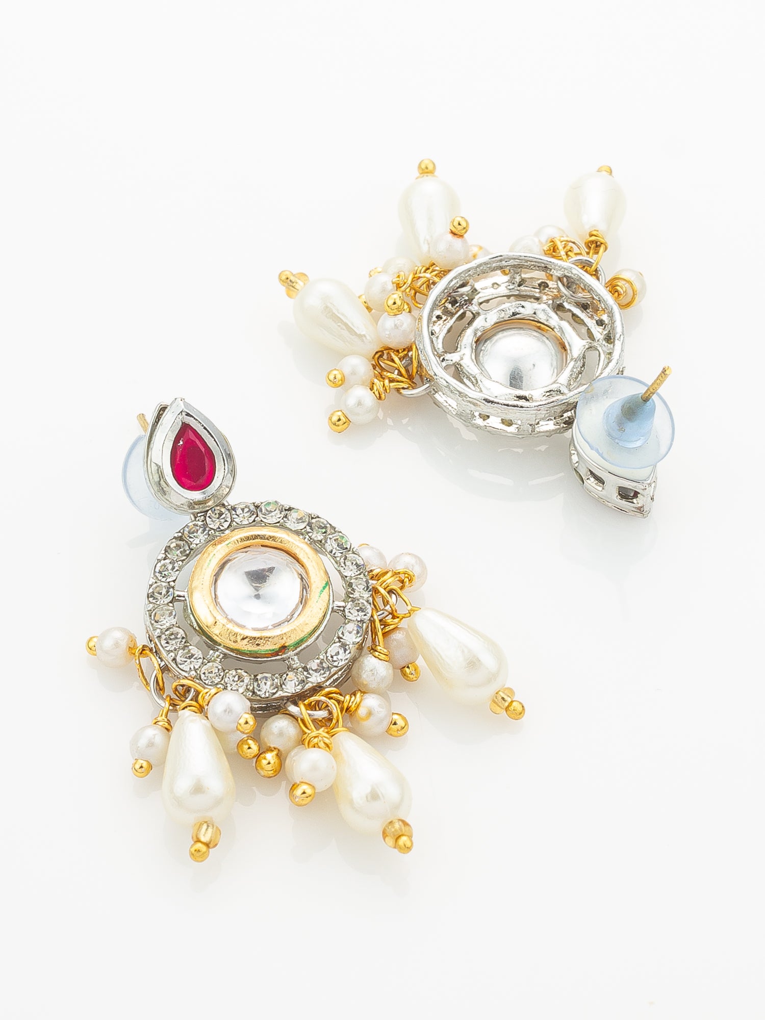 Aadita  Kundan Long Necklace Set with Ruby-Tone Stones and Pearl Drops – View 3 | Aadita Jewelry