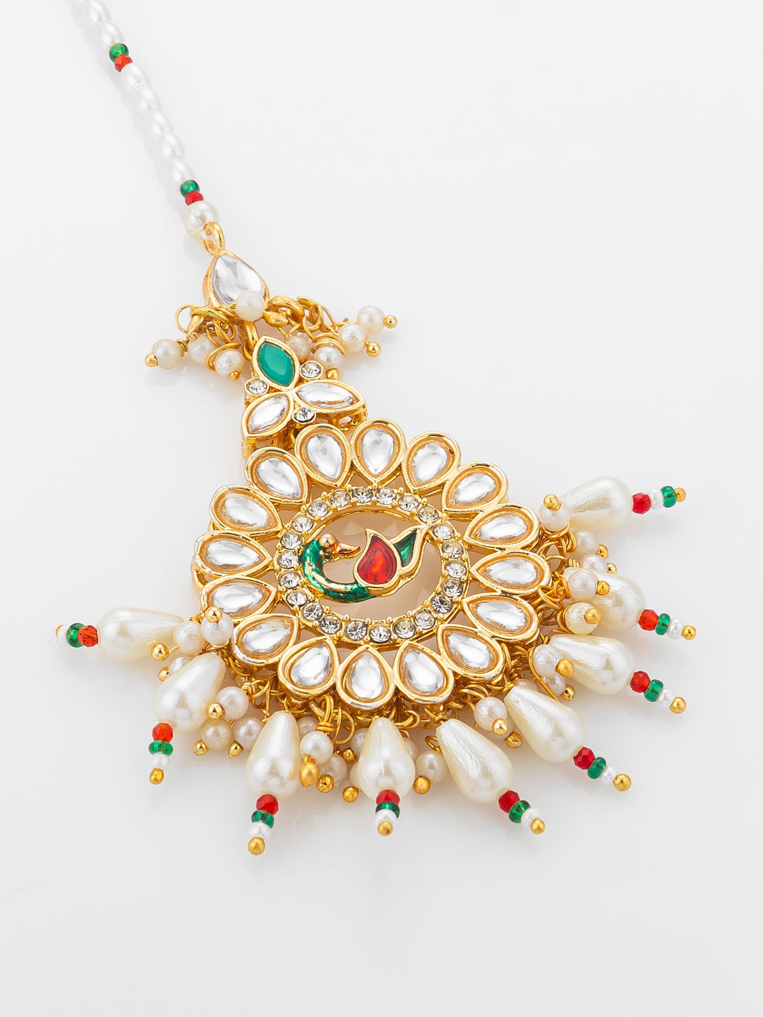 Aadita Gold Plated Kundan Peacock Maang Tikka with Pearl and Red-Green Bead Chain – View 3 | Aadita Jewelry