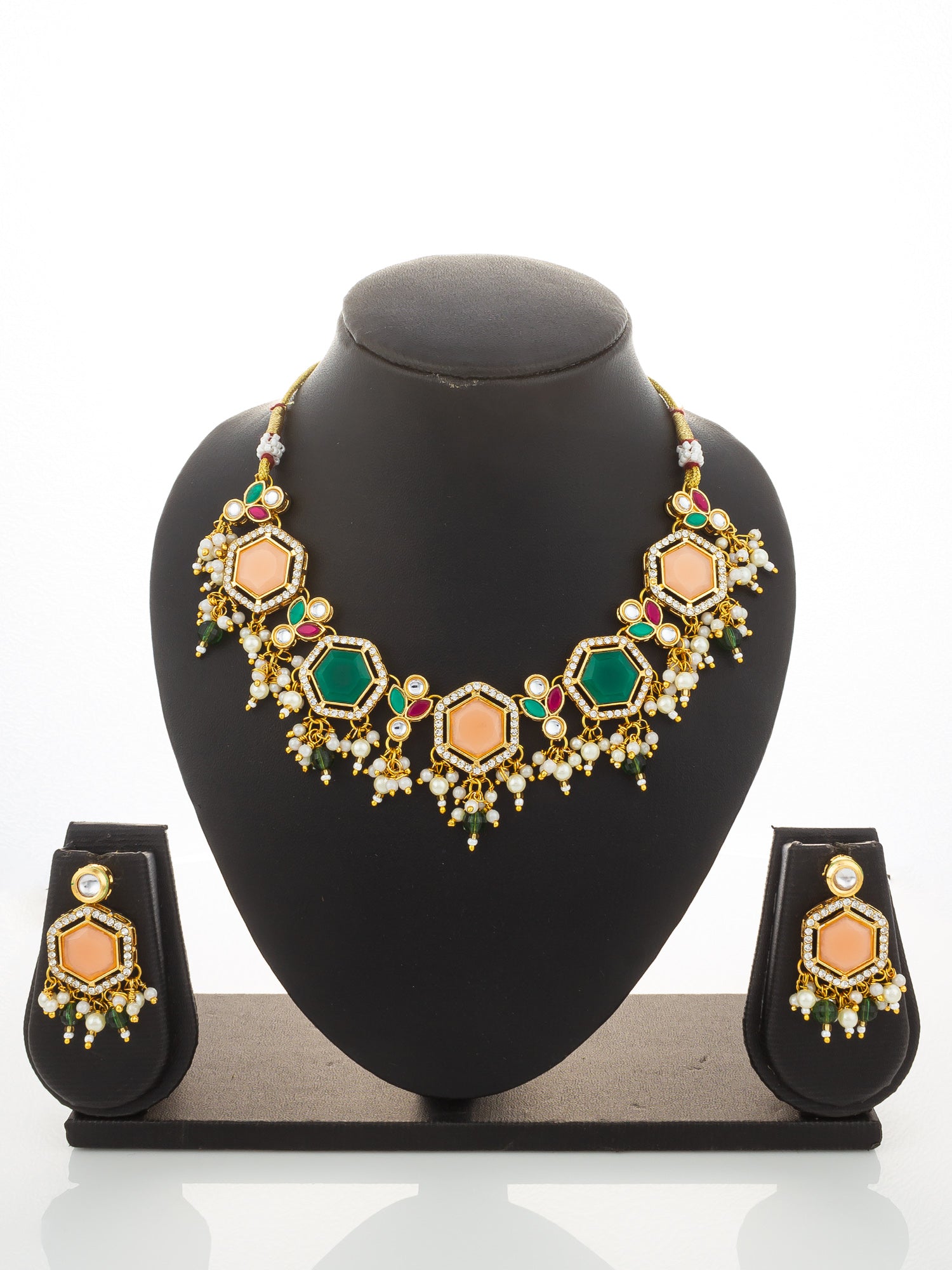 Aadita Gold-Plated Kundan Choker Necklace Set with Peach and Green Stones – View 5 | Aadita Jewelry