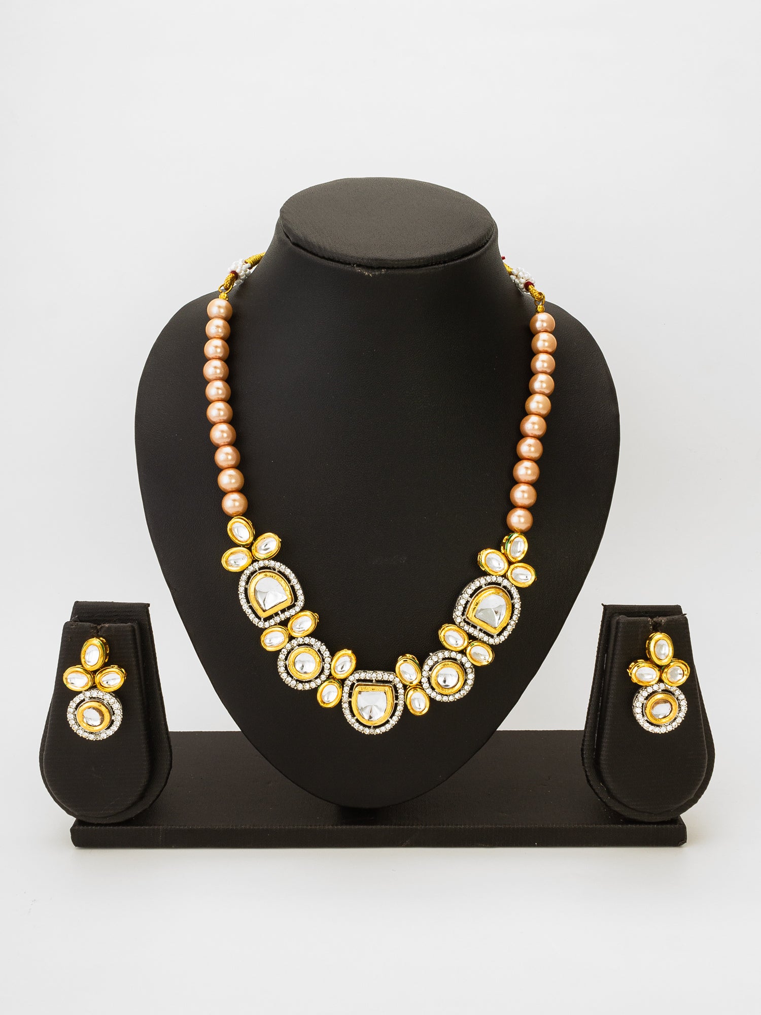 Gold-Tone Kundan Choker Necklace Set with Peach Pearl Beads and Crystal Earrings – View 4 | Aadita Jewelry