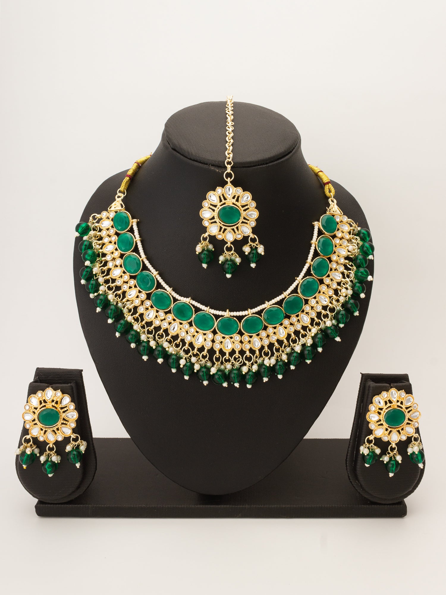 Green Kundan Choker Necklace Set with Beaded Drops Earrings – View 4 | Aadita Jewelry