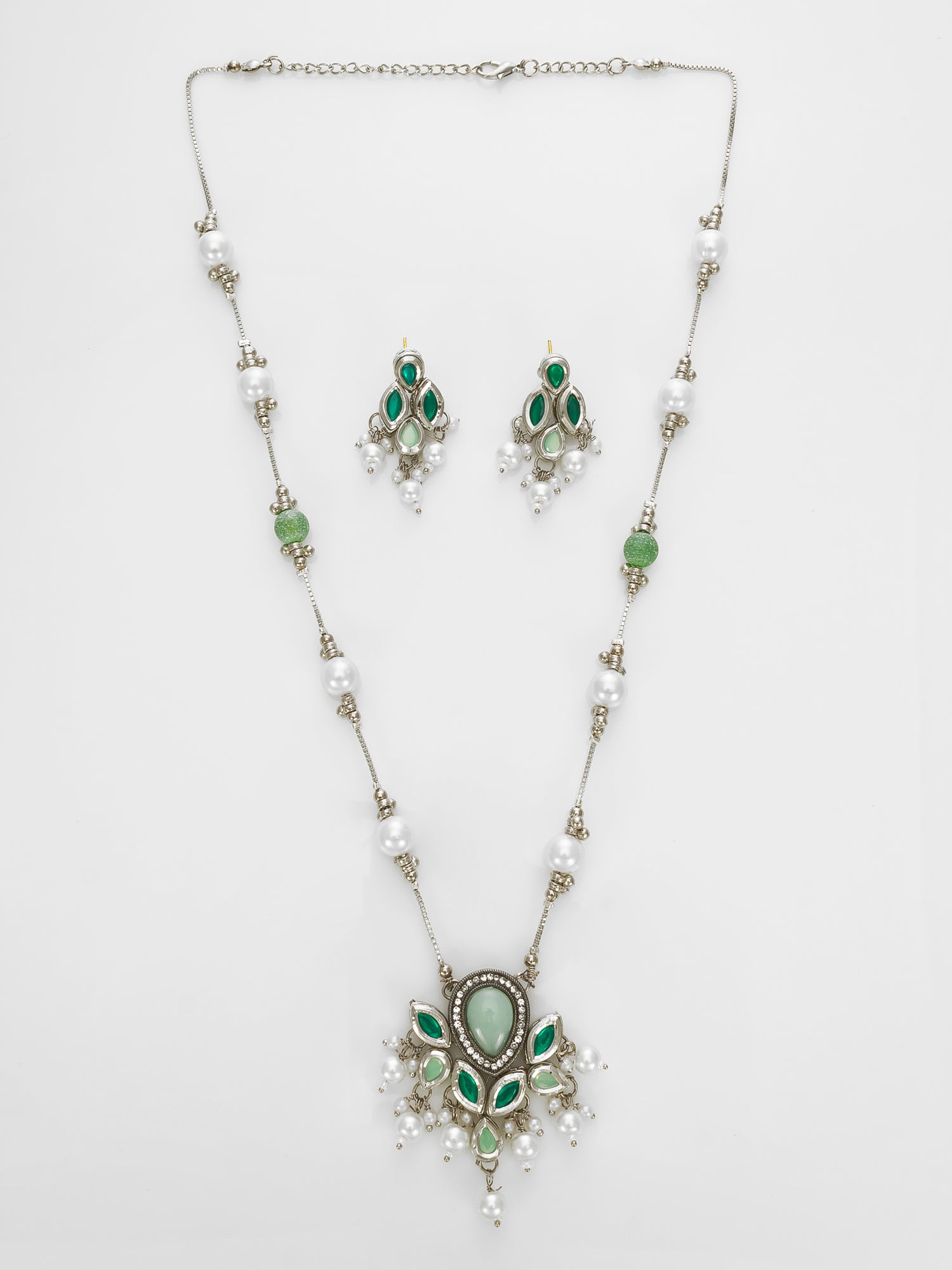 Silver Plated Green & White Beaded Kundan Pearl Necklace Set | Aadita Jewelry
