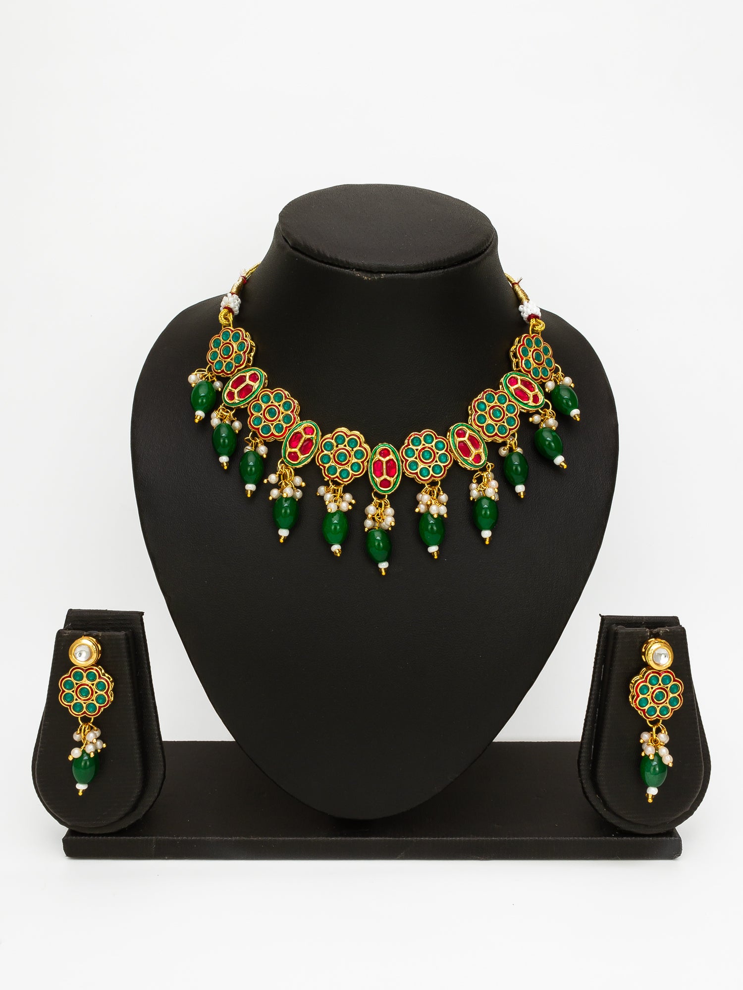 Gold Plated Red & White Kundan Beaded Traditional Necklace Set – View 4 | Aadita Jewelry