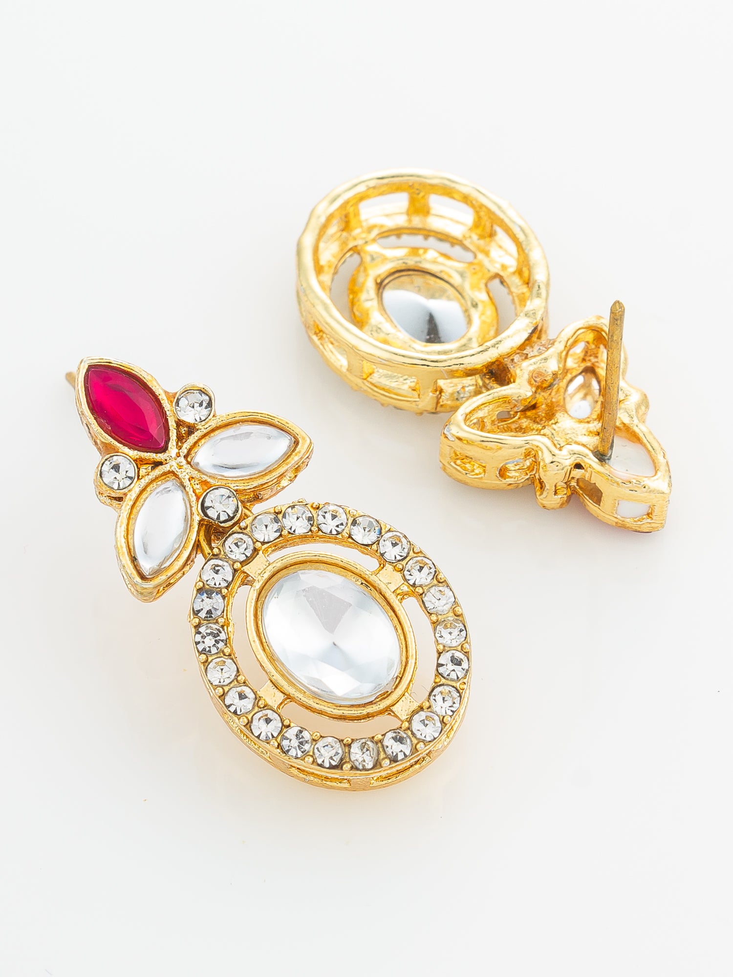 Gold Plated Oval Halo Drop Earrings with Red Accent – View 3 | Aadita Jewelry