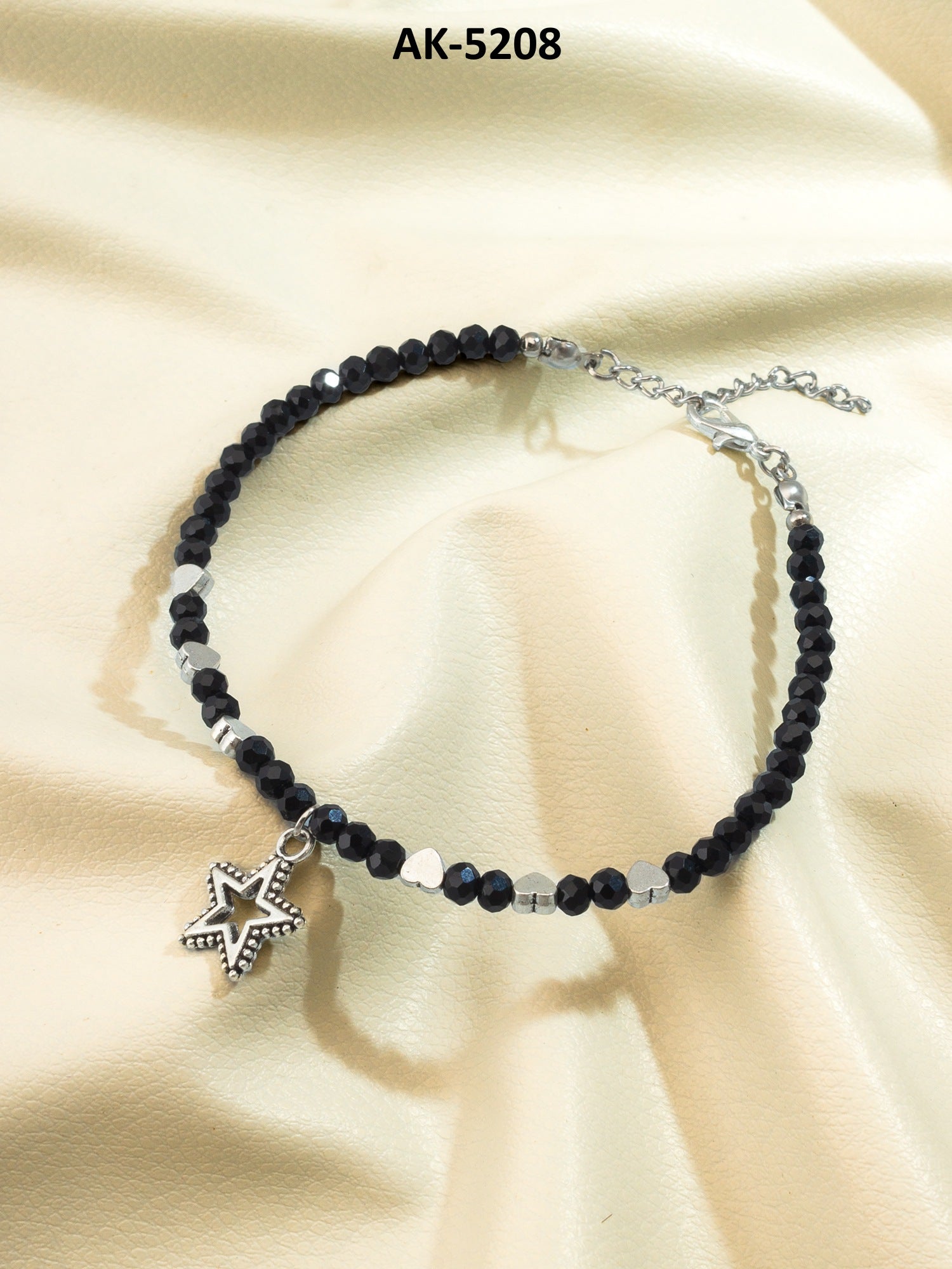 Black Faceted Bead Oxidized Star Charm Beaded Anklet – View 5 | Aadita Jewelry