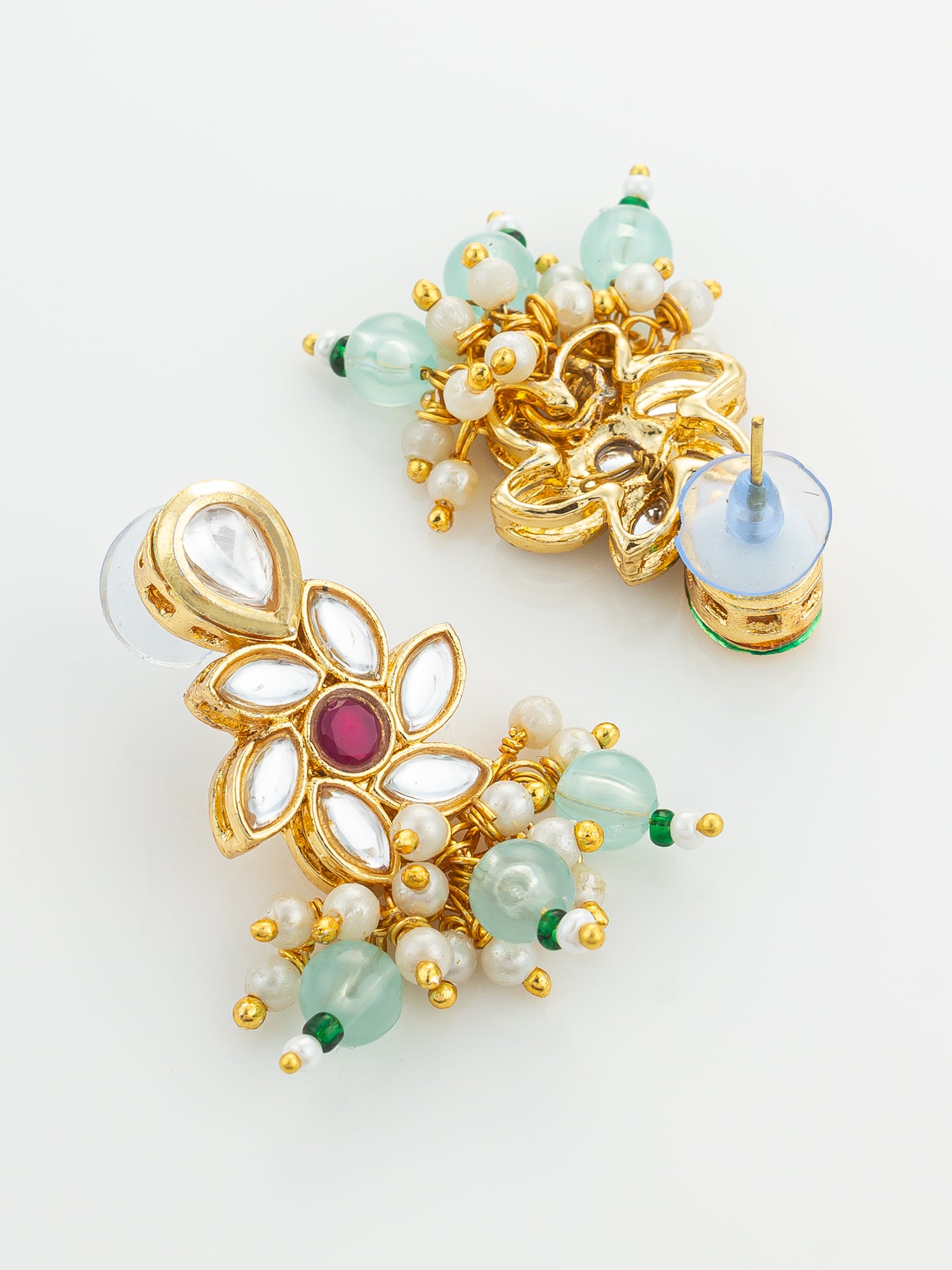 Gold Plated Multi Strand Pearl and Kundan Necklace Set with Mint Green Beads – View 3 | Aadita Jewelry