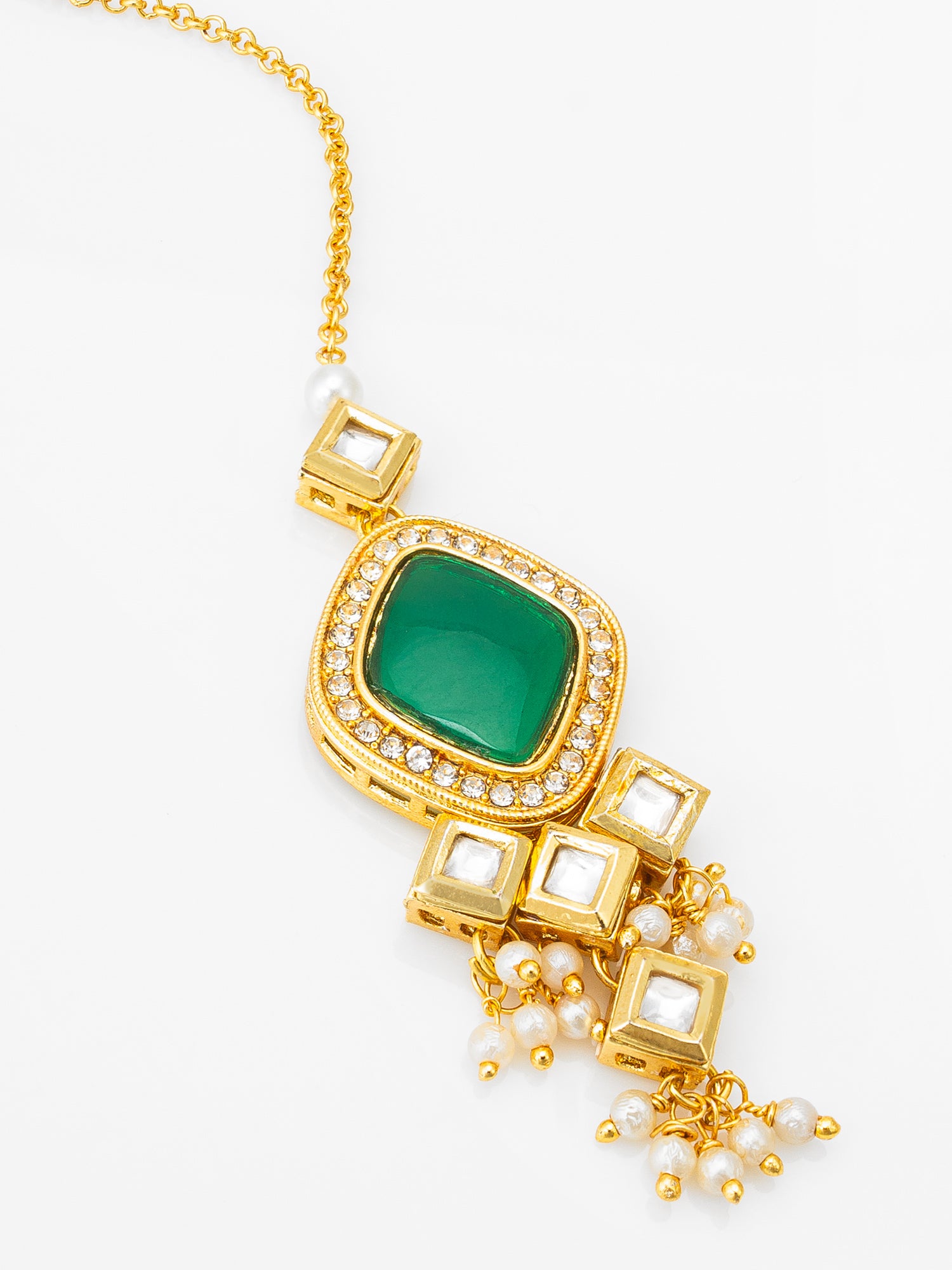 Gold-Plated Emerald Green Kundan Maang Tikka with Crystal and Pearl Drops – View 3 | Aadita Jewelry