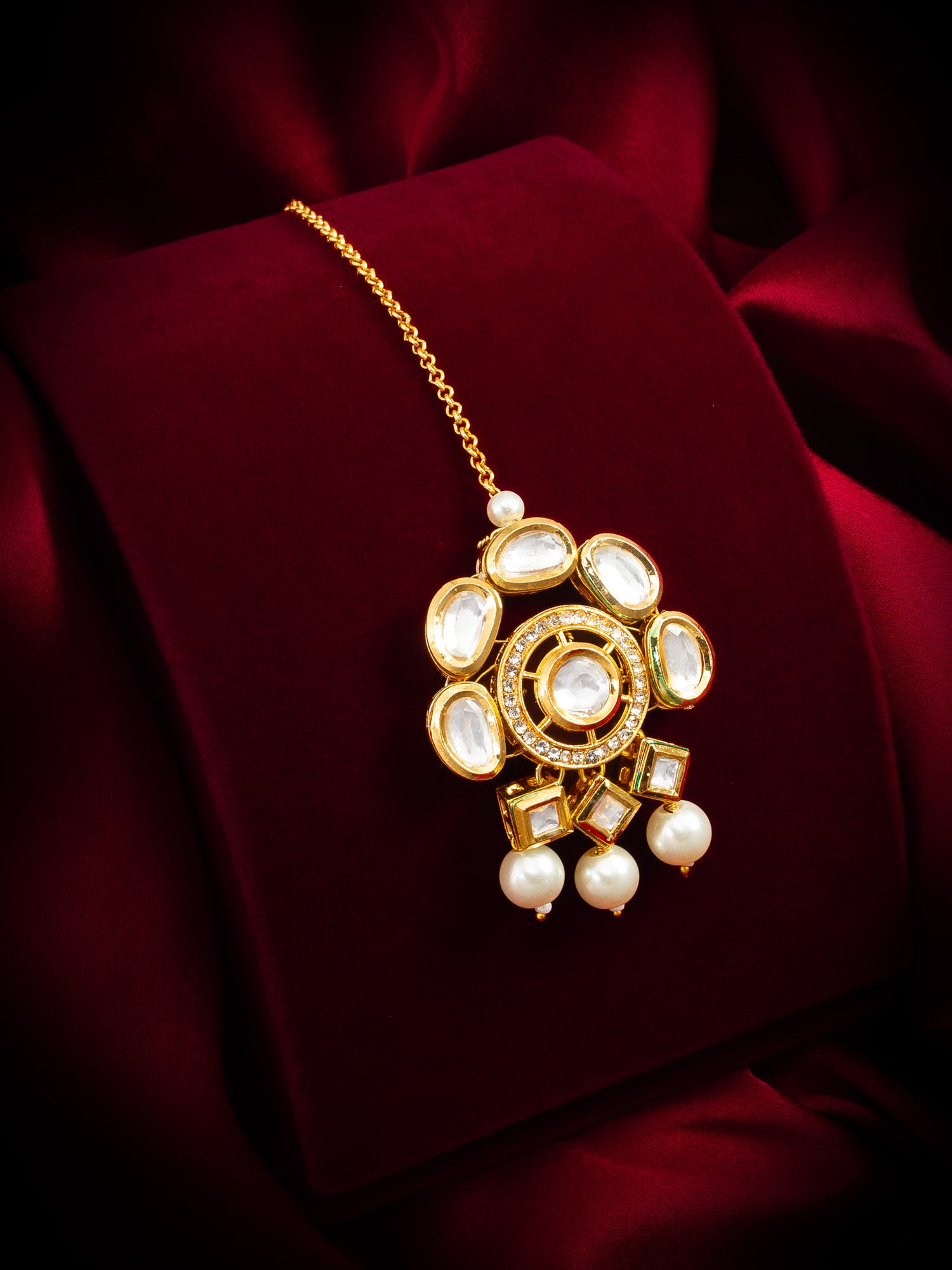 Gold-Plated Kundan Maang Tikka with Pearl Drops – View 5 | Aadita Jewelry