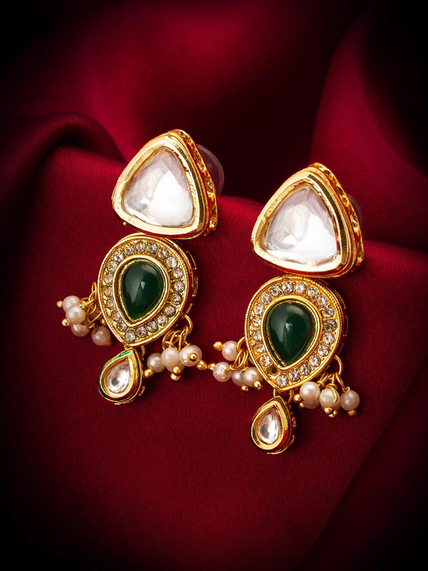 Gold-Plated Kundan and Green Stone Earrings with Pearl and Kundan Drops – View 4 | Aadita Jewelry