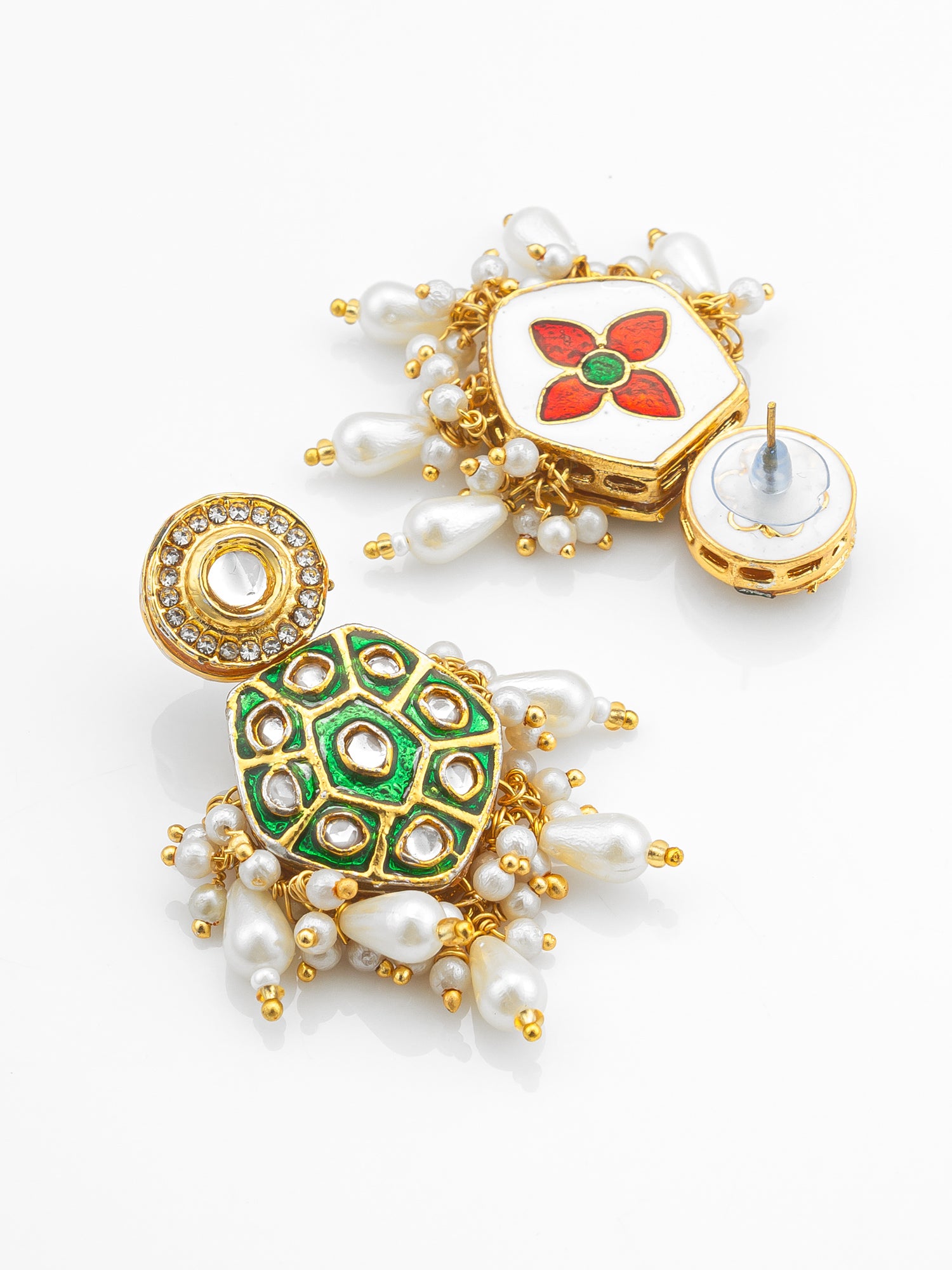 Green Meenakari Kundan Hexagonal Drop Earrings with Pearl Hangings – View 3 | Aadita Jewelry