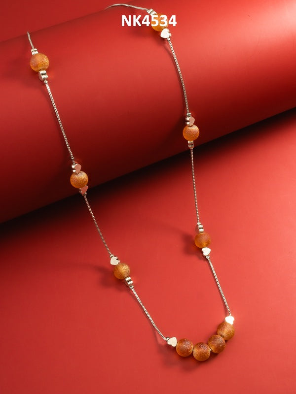 Matte Orange Druzy Bead Station Long Chain Necklace with Silver Spacers – View 4 | Aadita Jewelry