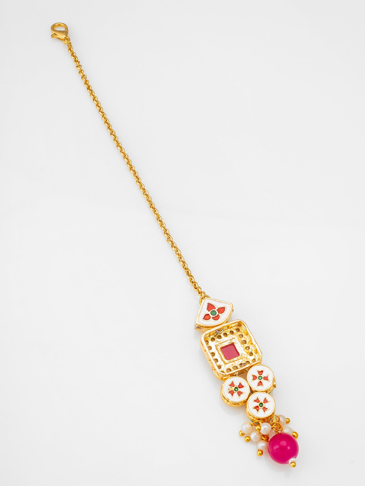 Gold-Plated Kundan Maang Tikka with Pink Stone and AD – View 3 | Aadita Jewelry