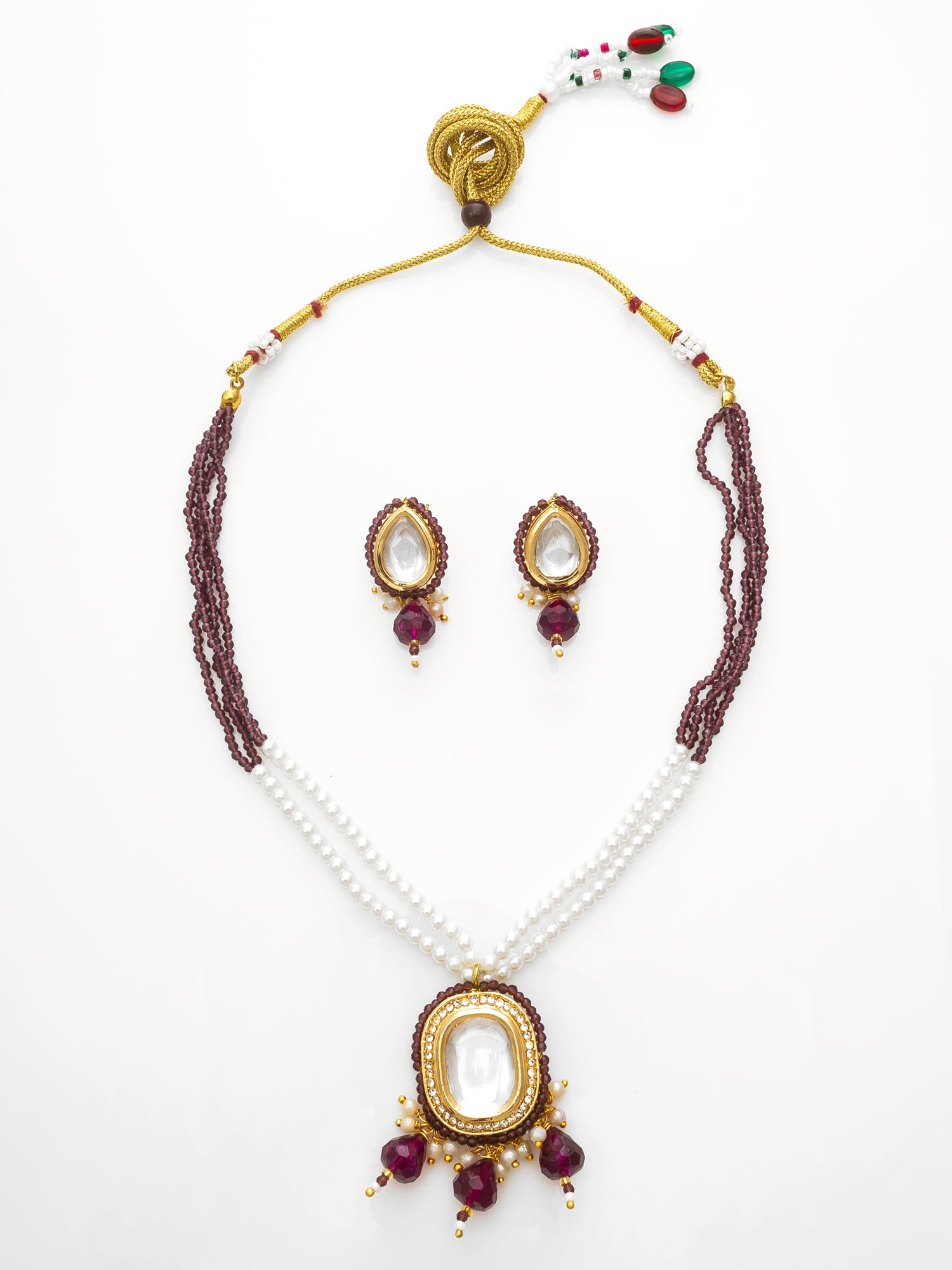 Gold-Plated Maroon Beaded Kundan Necklace Set with Earrings | Aadita Jewelry