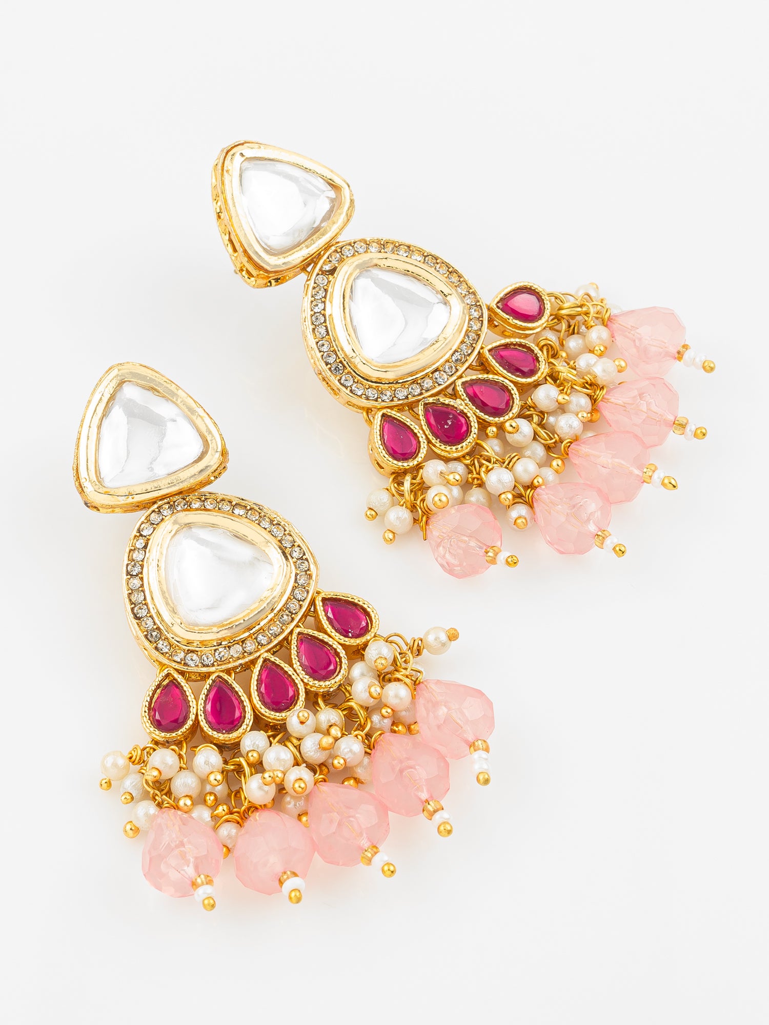 Gold Plated Kundan & Pink Beaded Chandbali Earrings for Women and Girls – View 2 | Aadita Jewelry