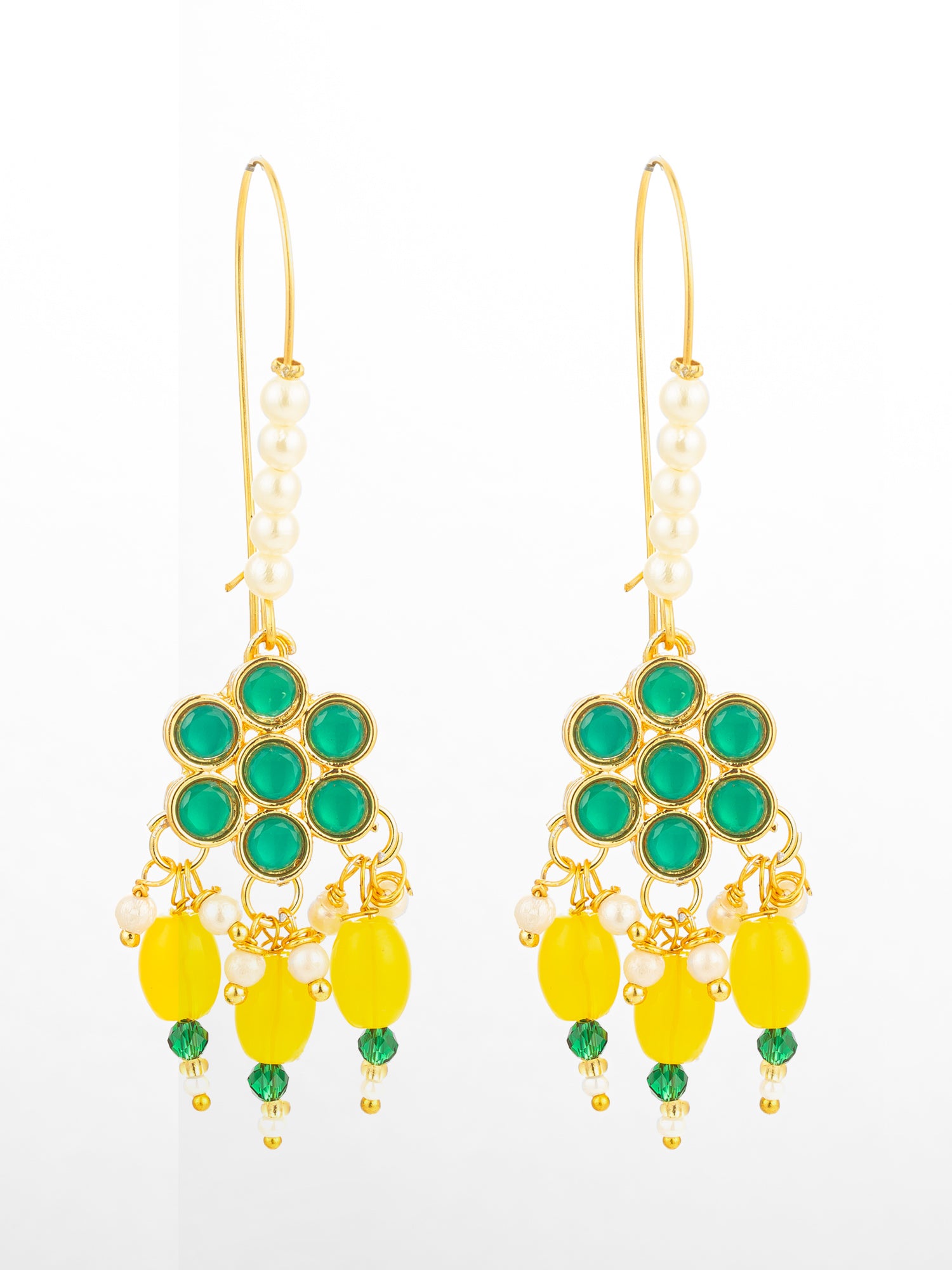 Long Hook Green Floral Earrings with Yellow Bead Clusters and Pearl Accents | Aadita Jewelry