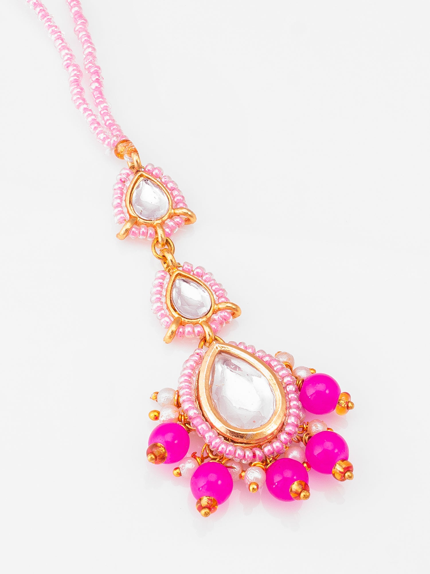 Pink Kundan Beaded Maang Tikka with Faux Pearl Drops – View 3 | Aadita Jewelry