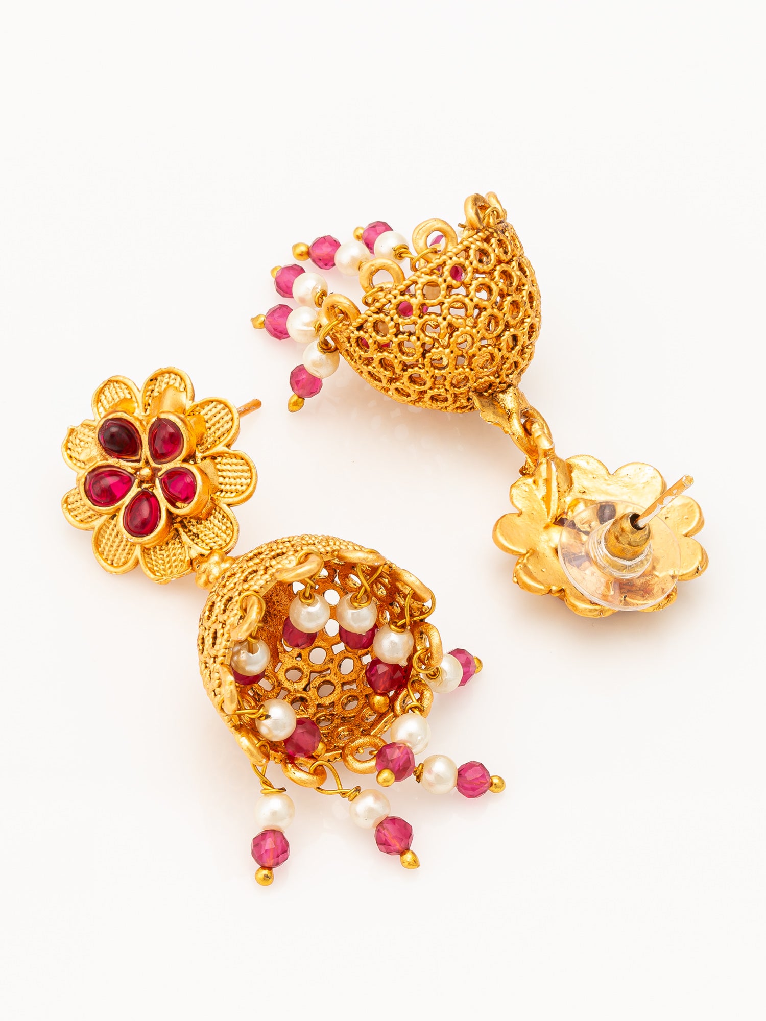 Aadita Gold Plated Floral Jhumka Earrings with Pink Stone Accents – View 3 | Aadita Jewelry