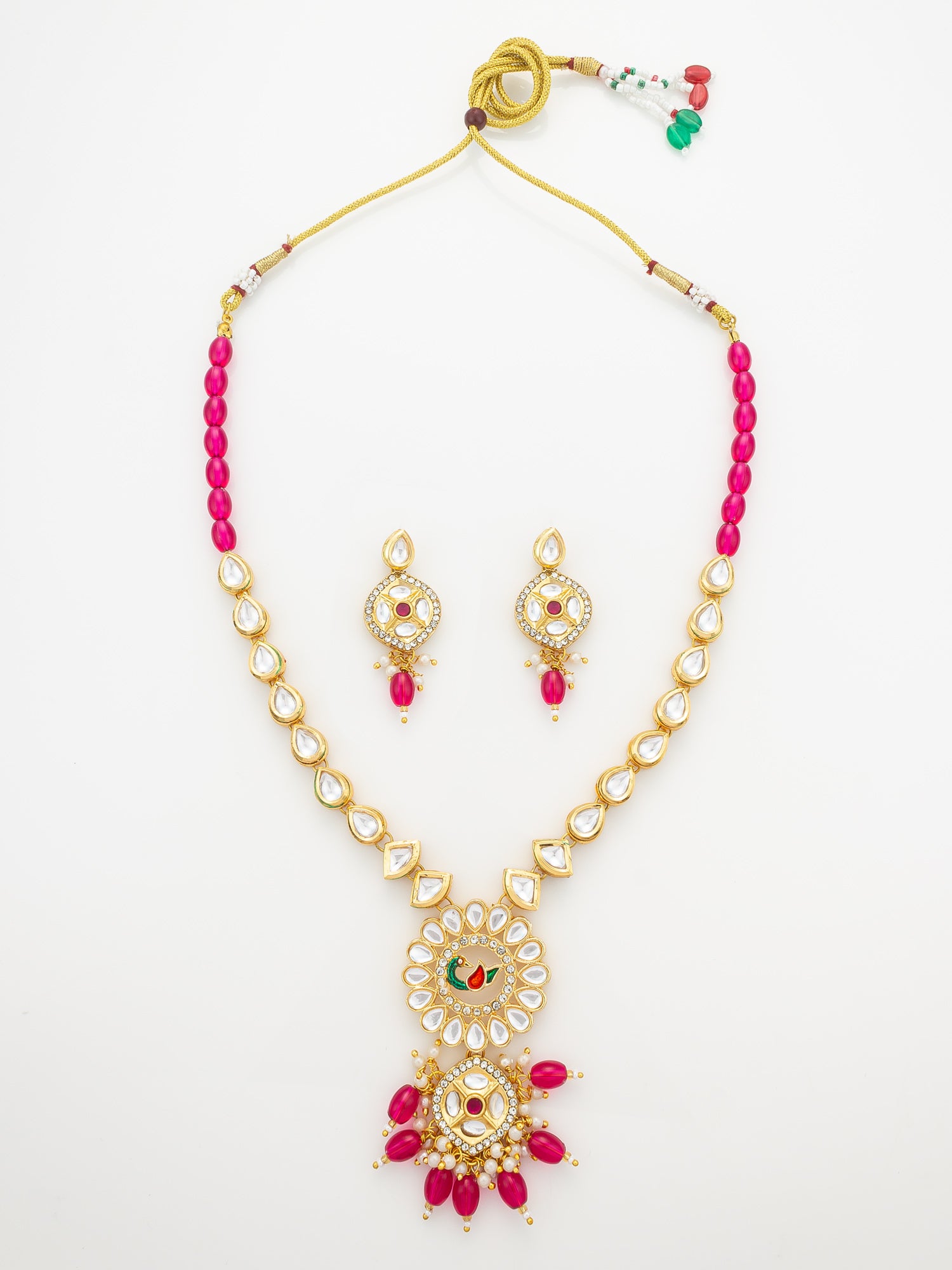 Aadita Gold-Plated Kundan Long Necklace Set with Beads and Floral Meenakari Pendant and Earrings | Aadita Jewelry