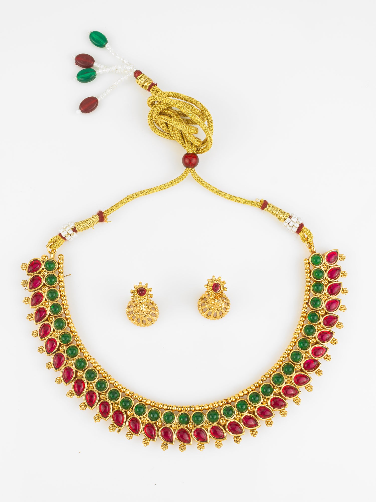 Gold Plated Red & Green Traditional Round and Teardrop Stone Necklace Set | Aadita Jewelry