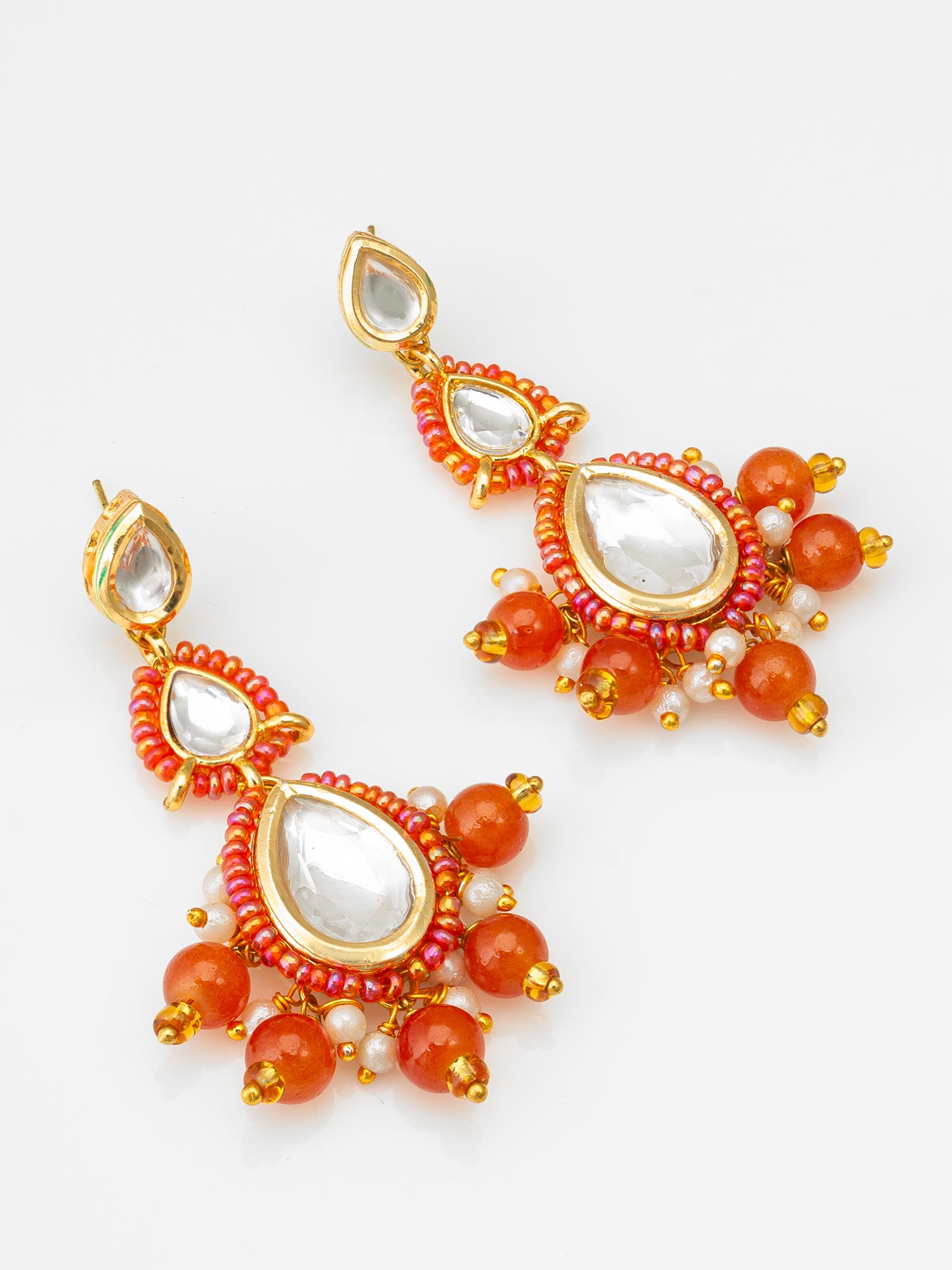 Orange Kundan Drop Earrings with Beads and Pearl | Aadita Jewelry